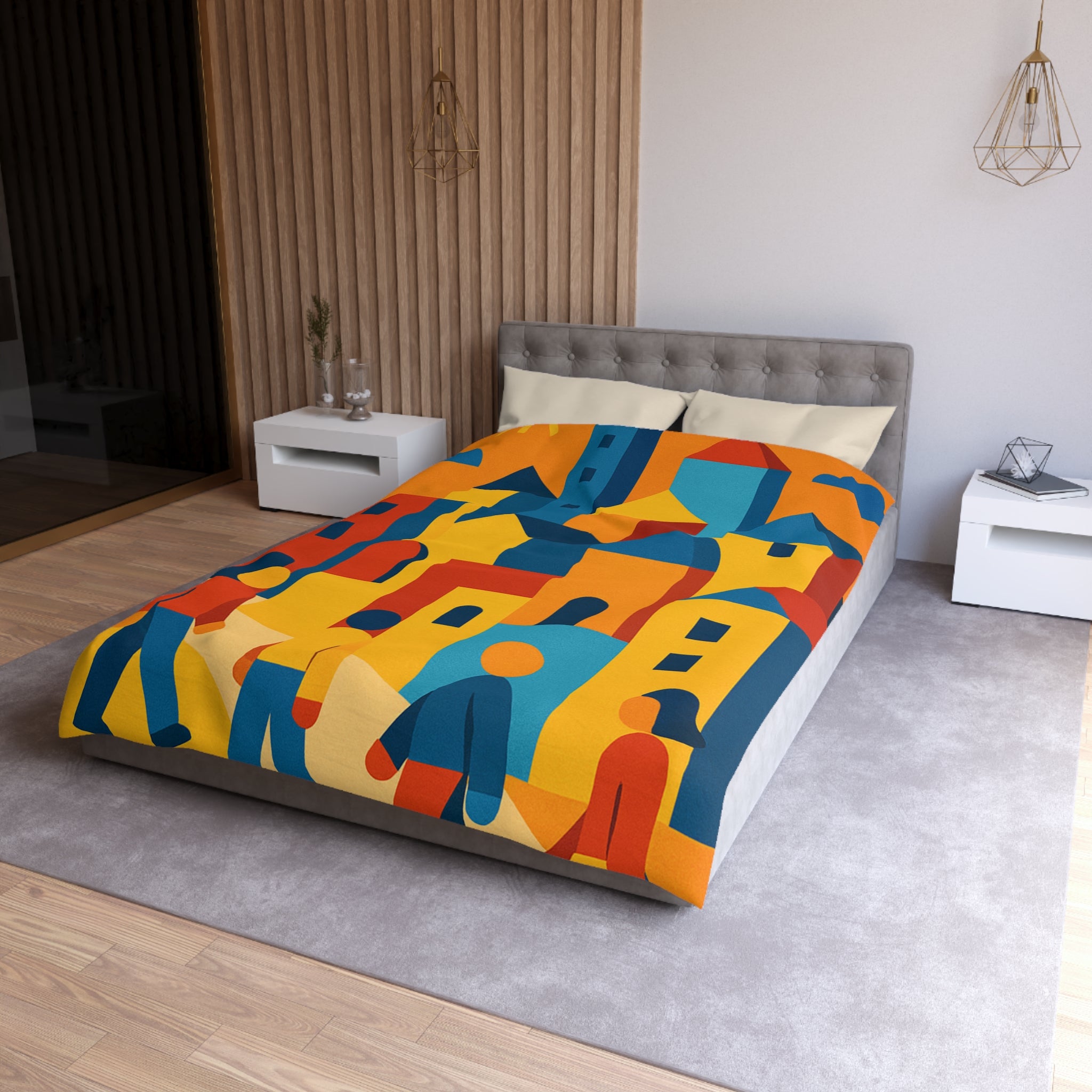 Housse de Couette Moderniste aux Couleurs Chaudes Illustrant Ville Effervescente et Silhouettes Humaines