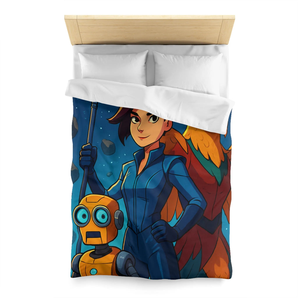 Housse de couette colorée avec exploratrice, robot et oiseau dans l'espace étoilé