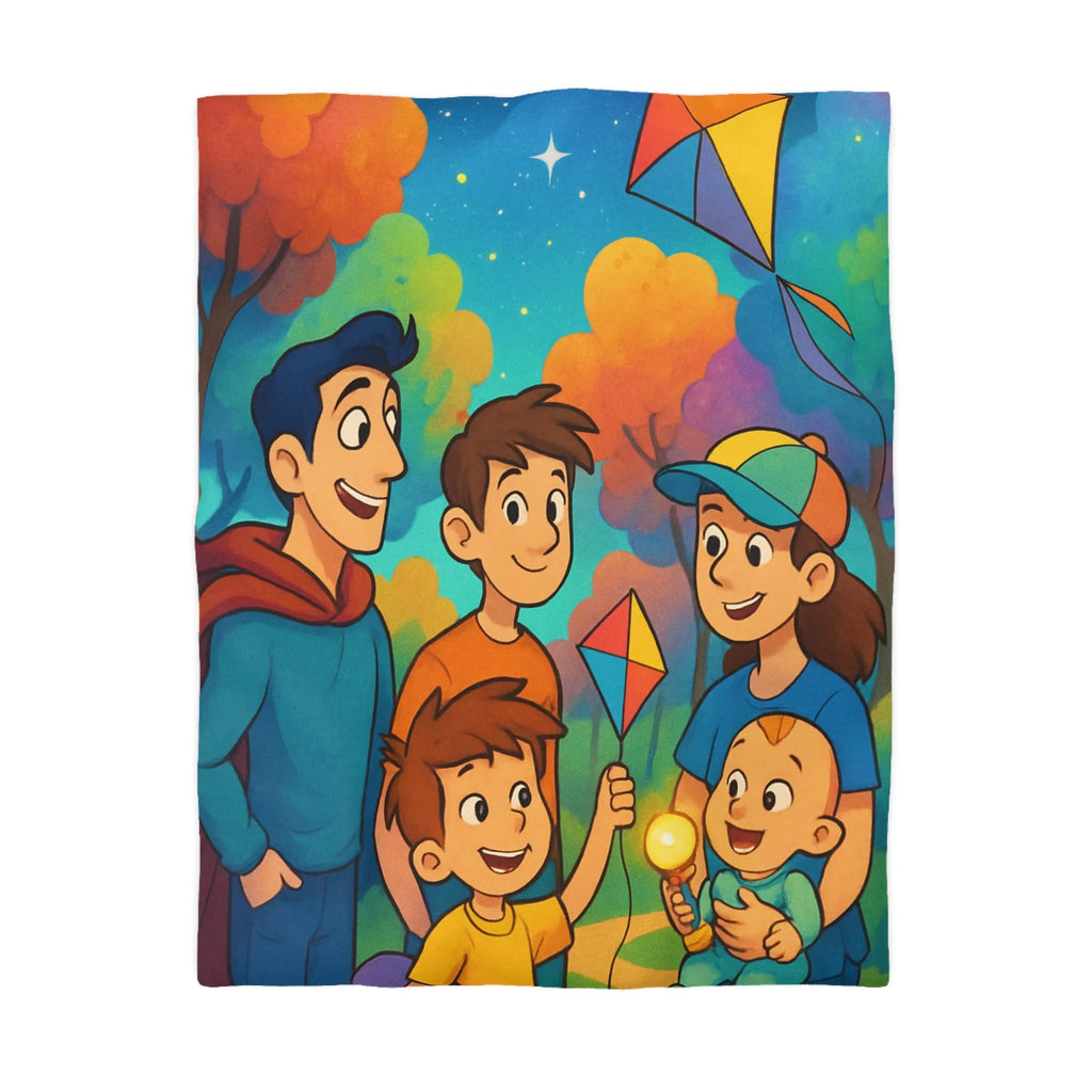 Housse de Couette Enfantine avec Cerfs-Volants et Ciel Étoilé dans Forêt Colorée