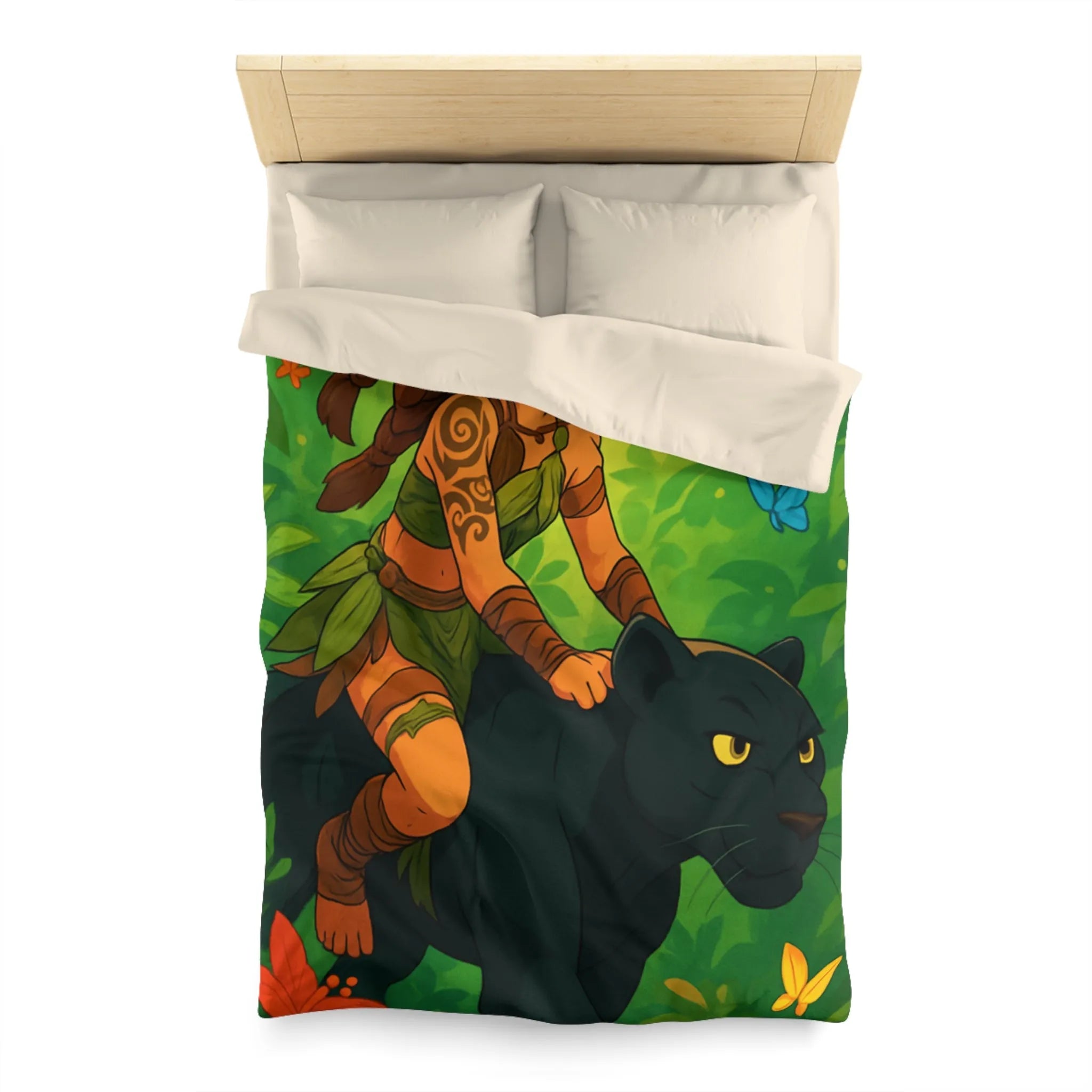 Housse de couette jungle avec fille guerrière et panthère noire pour chambre colorée