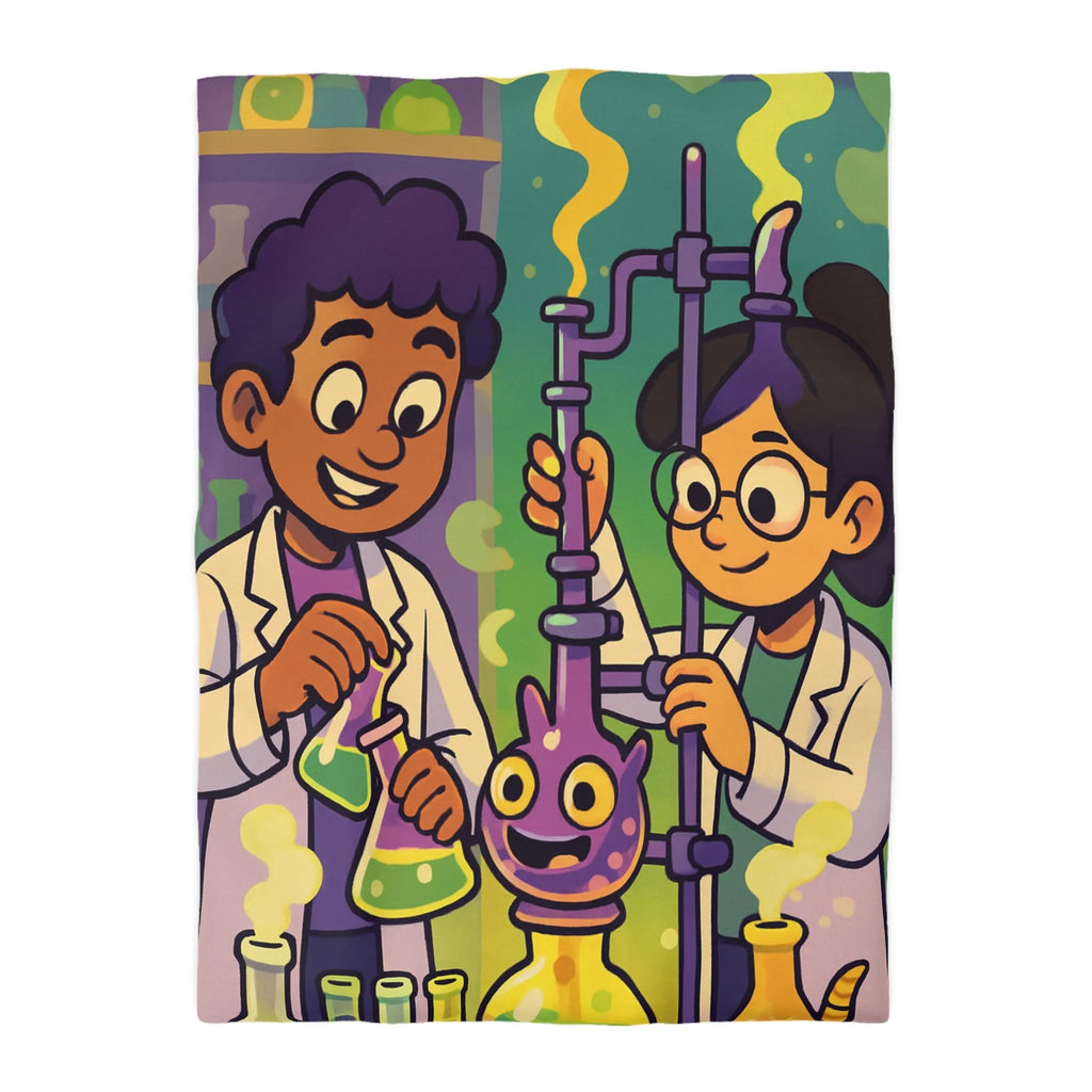 Housse de couette colorée avec deux scientifiques animés et expériences chimiques ludiques