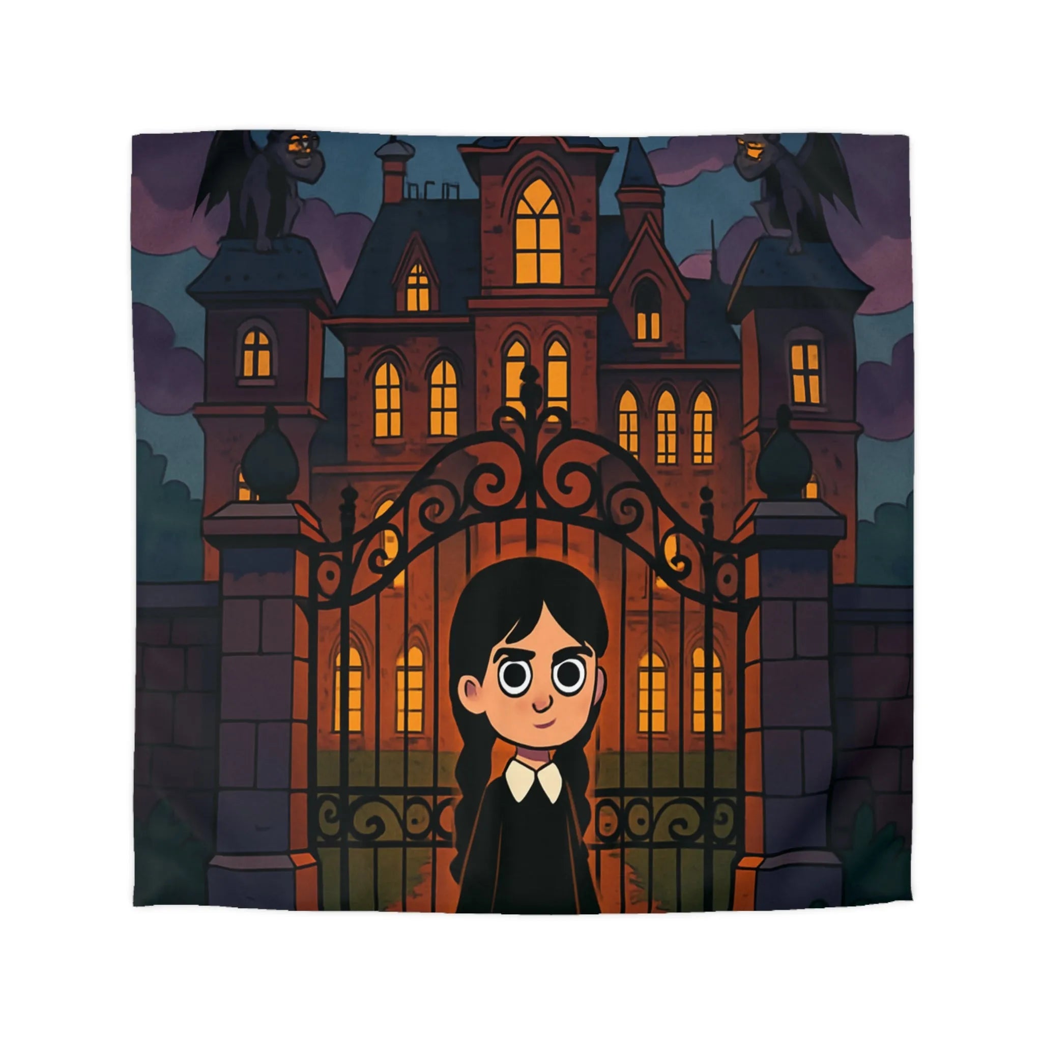 Housse de couette gothique avec manoir hanté, gargouilles et personnage mystérieux debout