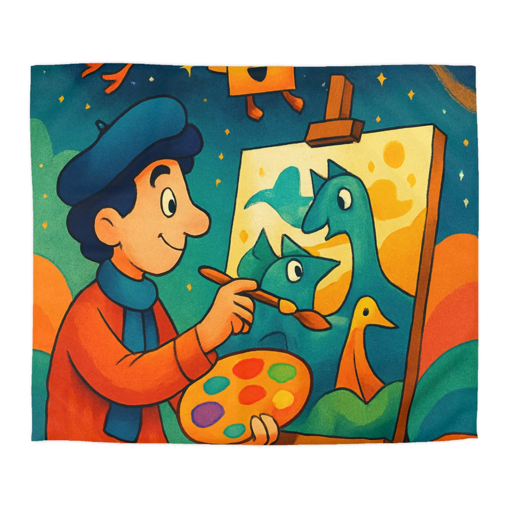 Housse de couette artistique colorée avec peintre et créatures fantaisistes en arrière-plan étoilé