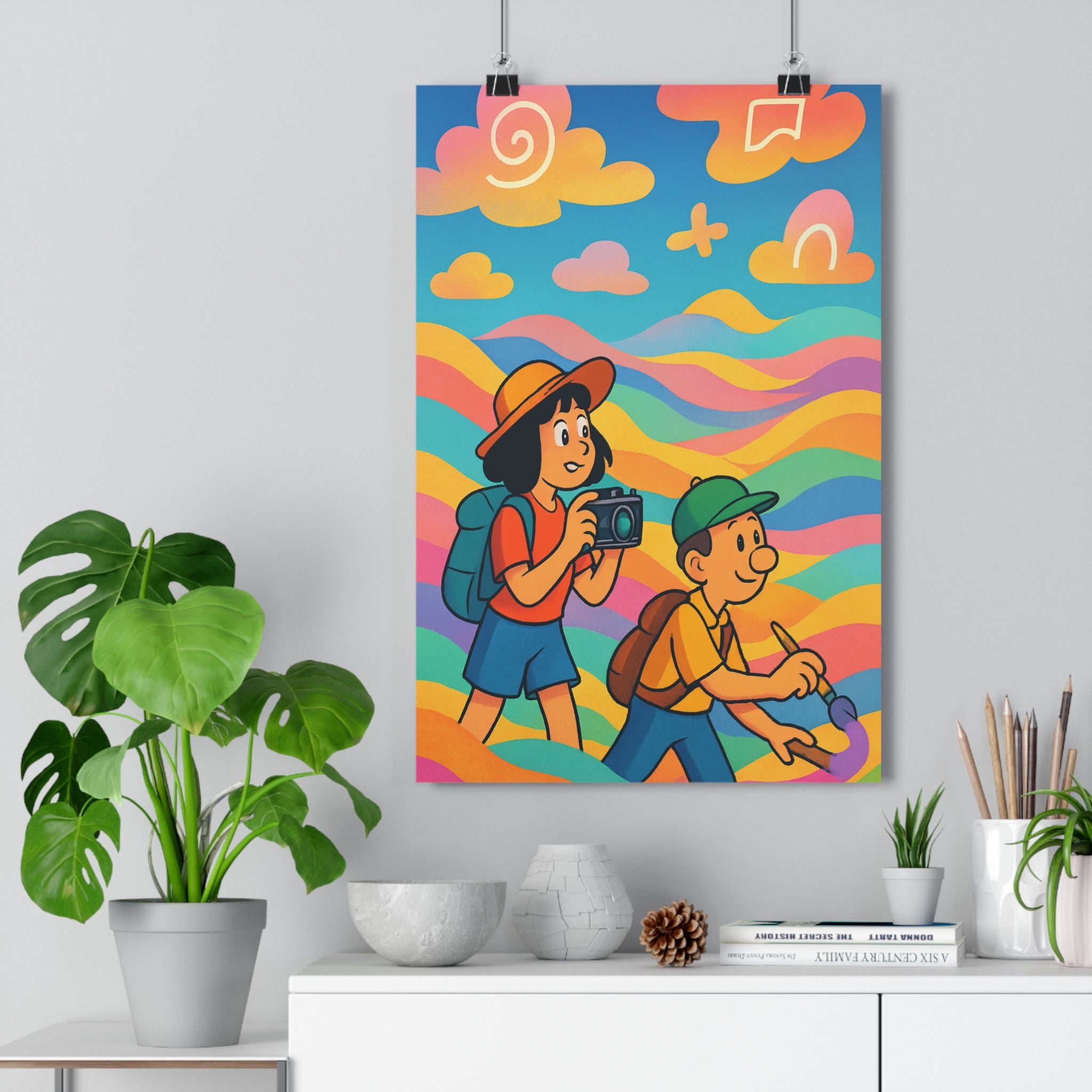 Poster décoratif animé surréaliste joyeux coloré garçon fille pinceau photo vagues nuages chambre qualité