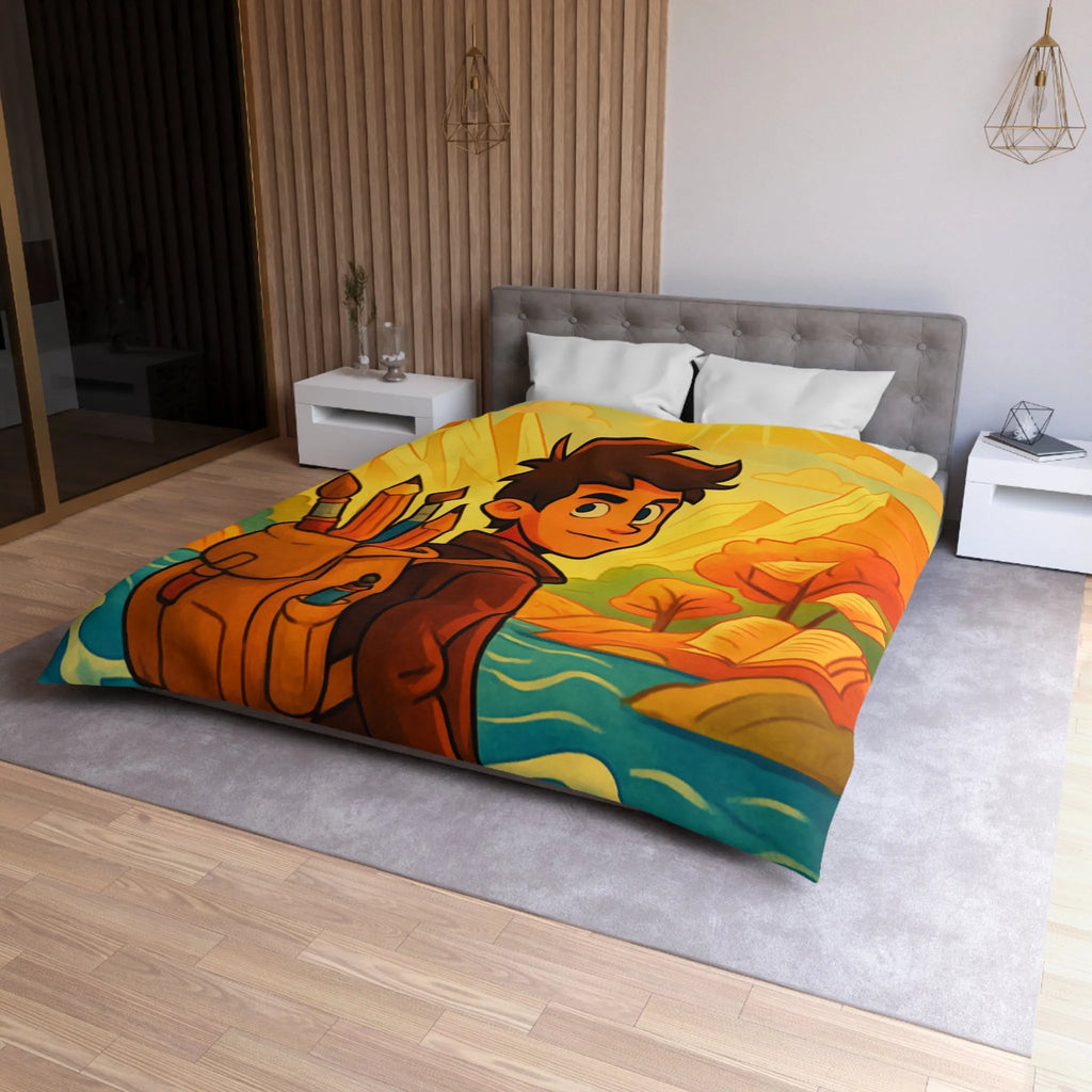 Housse de couette artistique colorée avec paysage lumineux et personnage aventureux dessiné