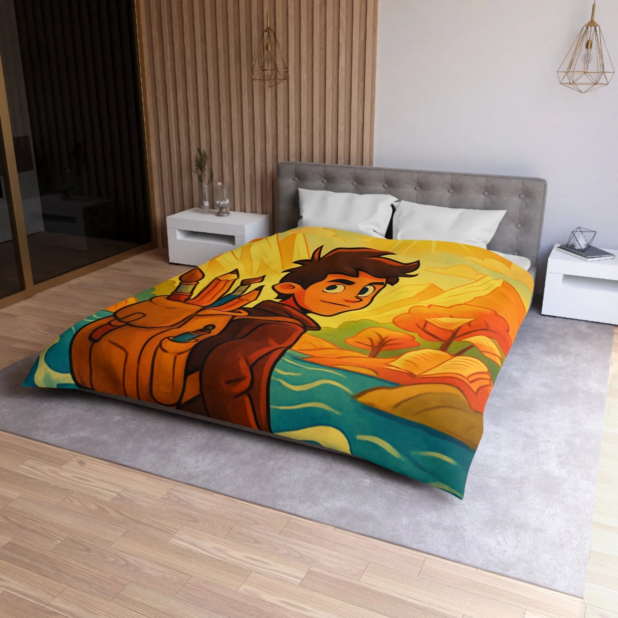 Housse de couette artistique colorée avec paysage lumineux et personnage aventureux dessiné