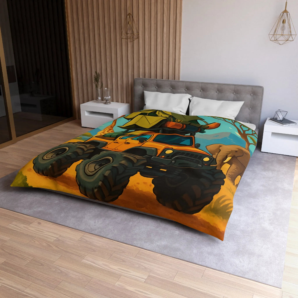 Housse de couette colorée avec véhicule tout-terrain et animaux dans la savane africaine