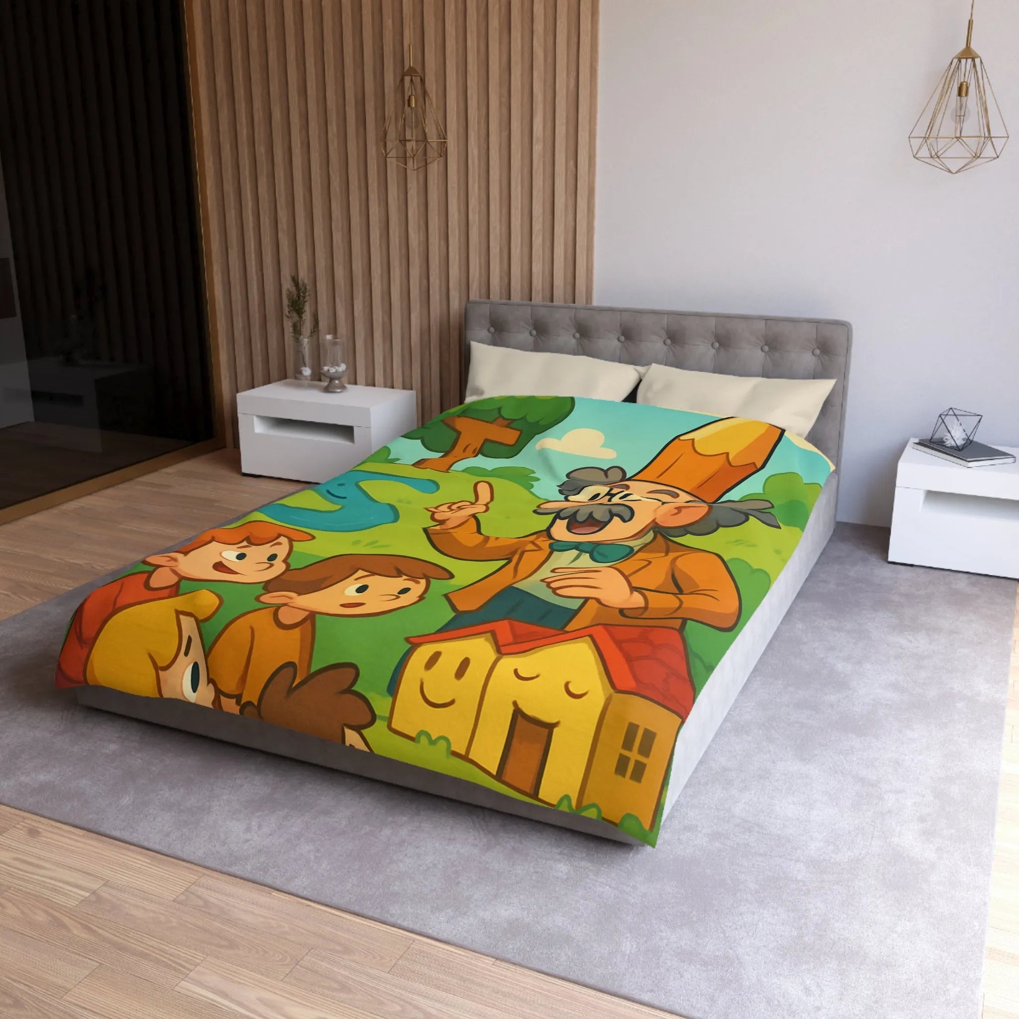 Housse de couette colorée avec un professeur et enfants dans un paysage enchanteur