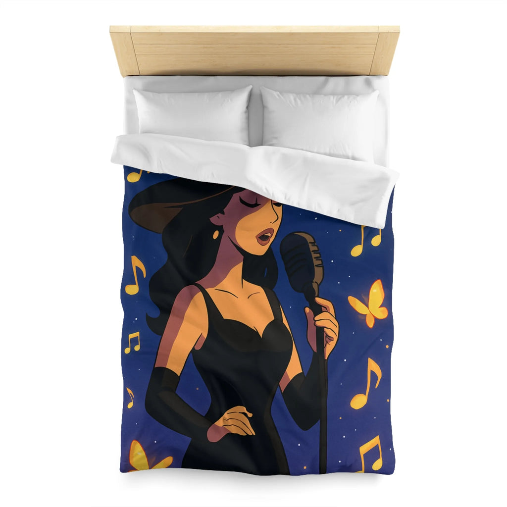 Élégant design musicien nocturne avec notes dorées et papillons sur fond étoilé bleu