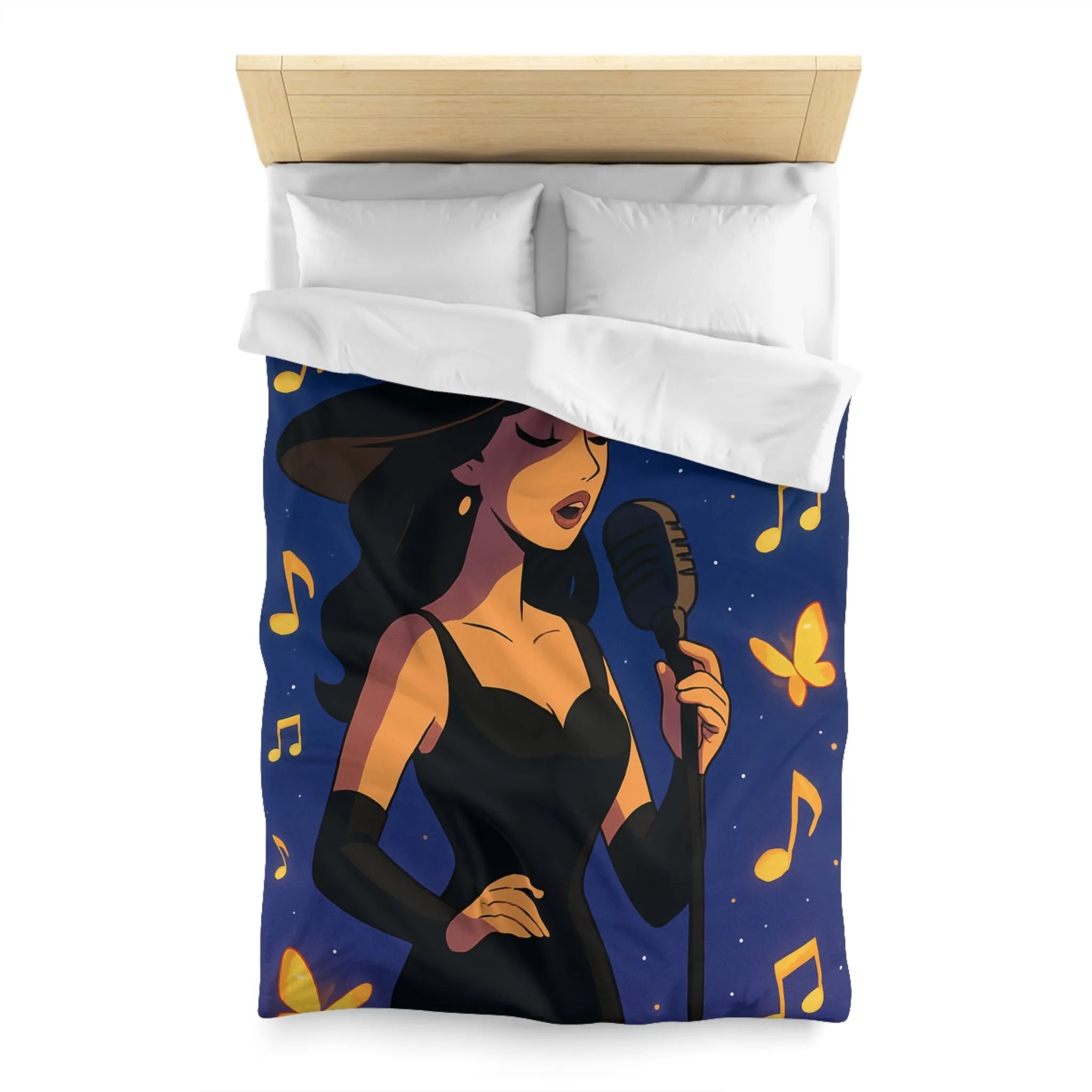 Élégant design musicien nocturne avec notes dorées et papillons sur fond étoilé bleu