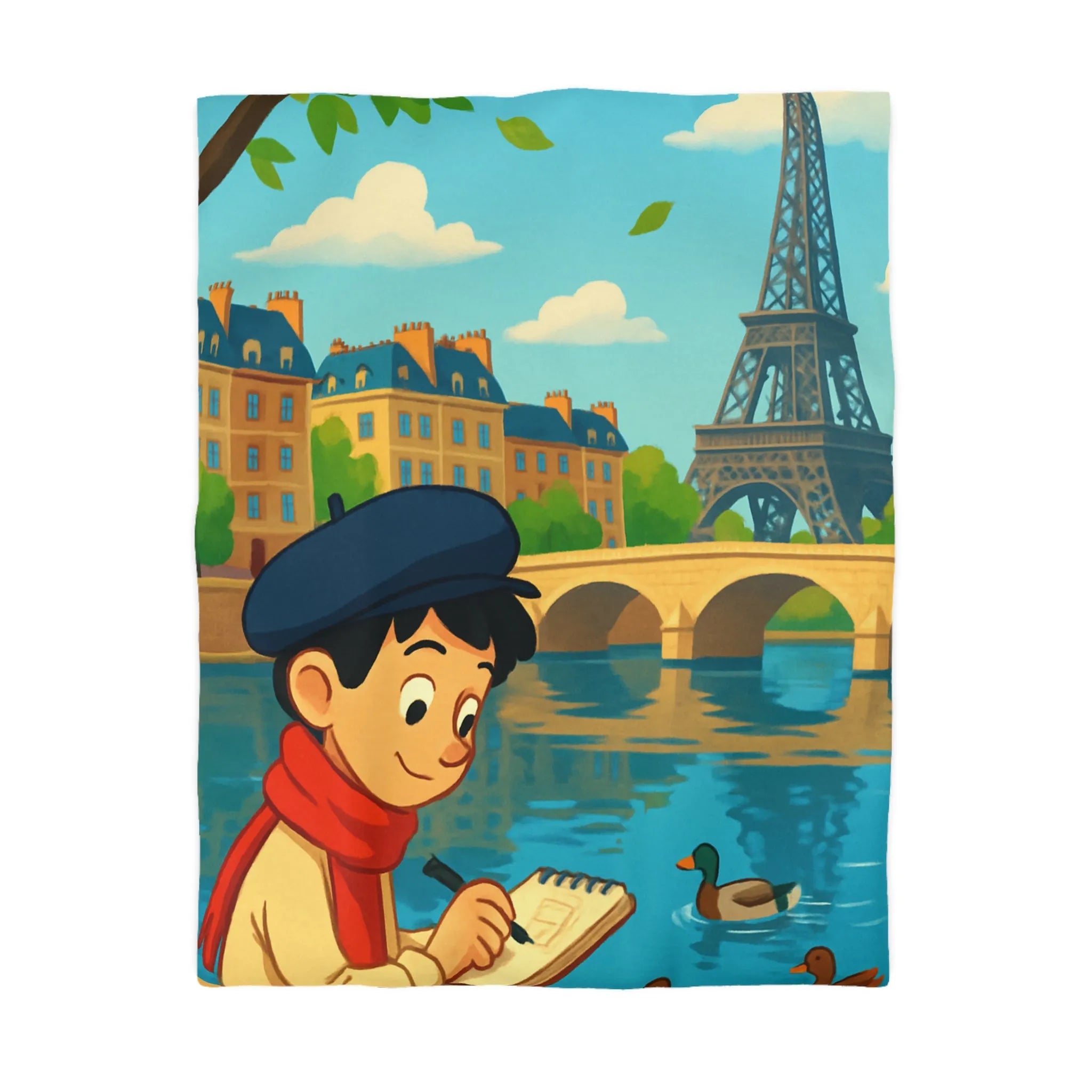 Housse de Couette Artistique Parisienne avec Enfant et Tour Eiffel au Printemps