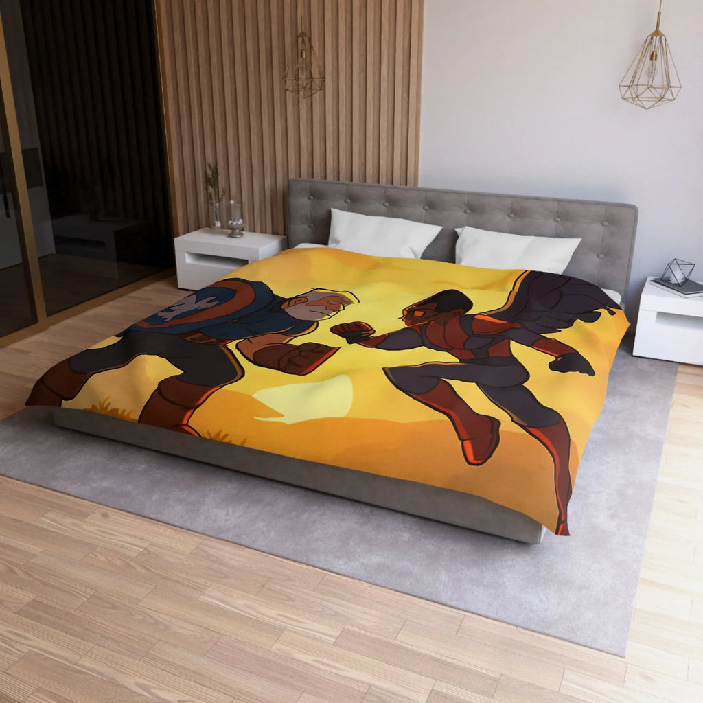 Housse de couette épique avec scène de combat héroïque au coucher du soleil