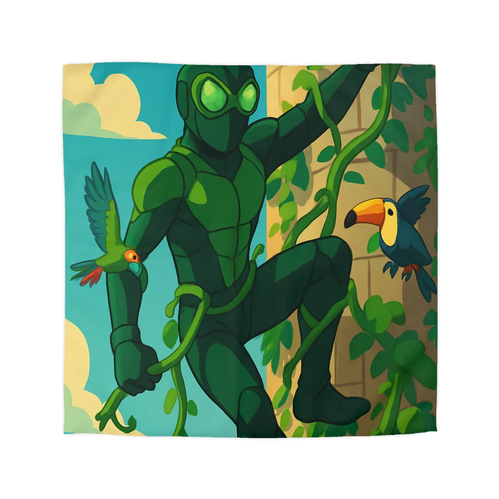 Housse de couette jungle animée avec héros vert grimpant et oiseaux colorés