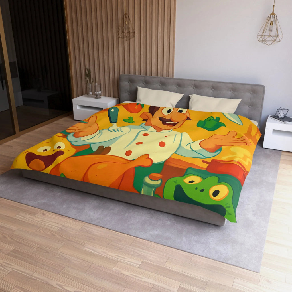 Housse de couette colorée avec chef animé, légumes et ustensiles pour enfants