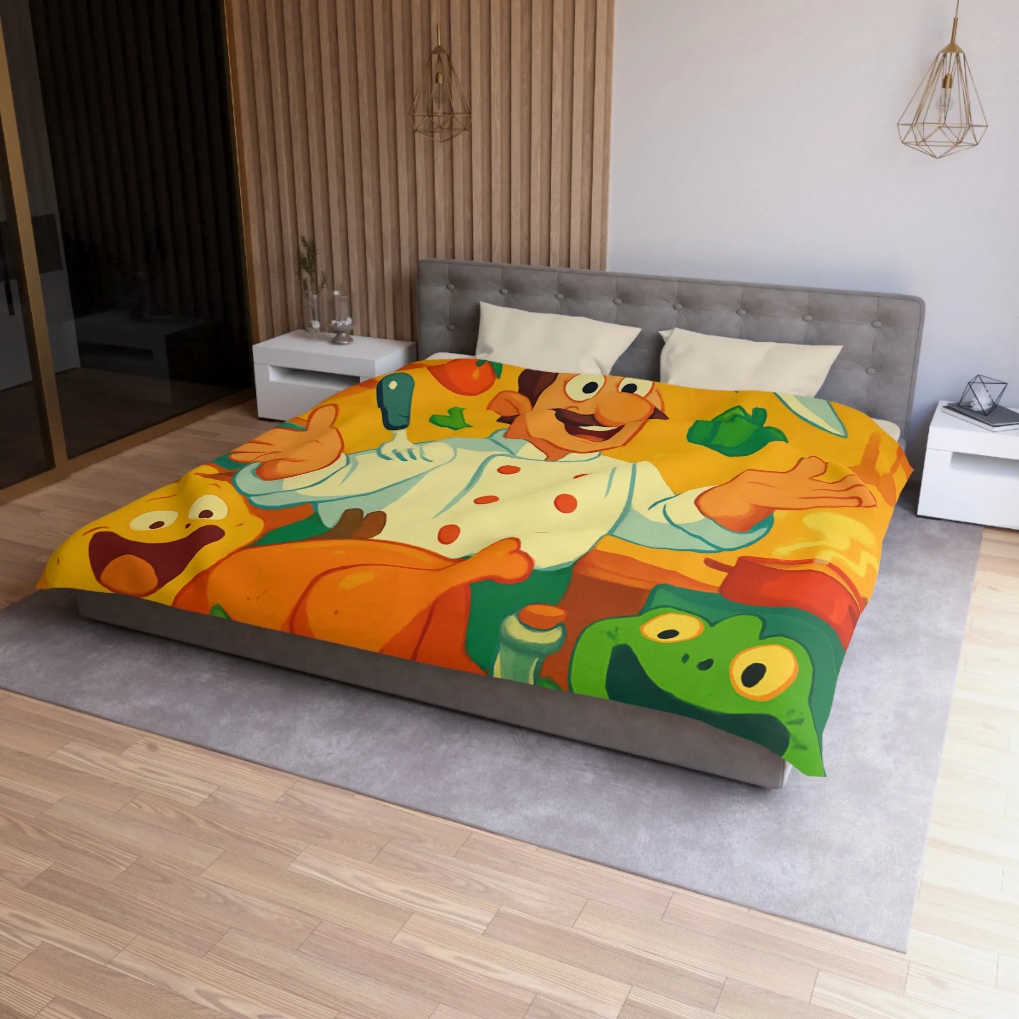 Housse de couette colorée avec chef animé, légumes et ustensiles pour enfants