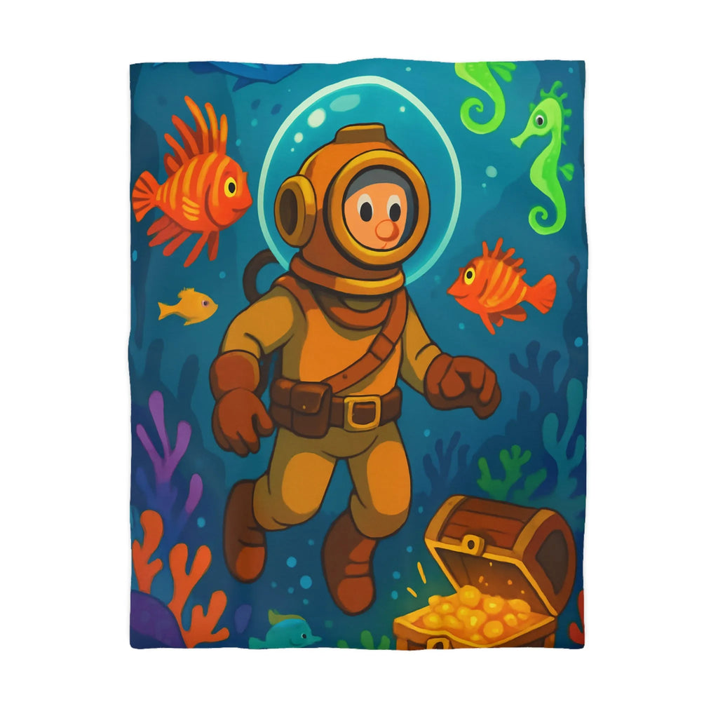 Housse de couette enfant aventure sous-marine avec plongeur et trésor coloré en dessin animé