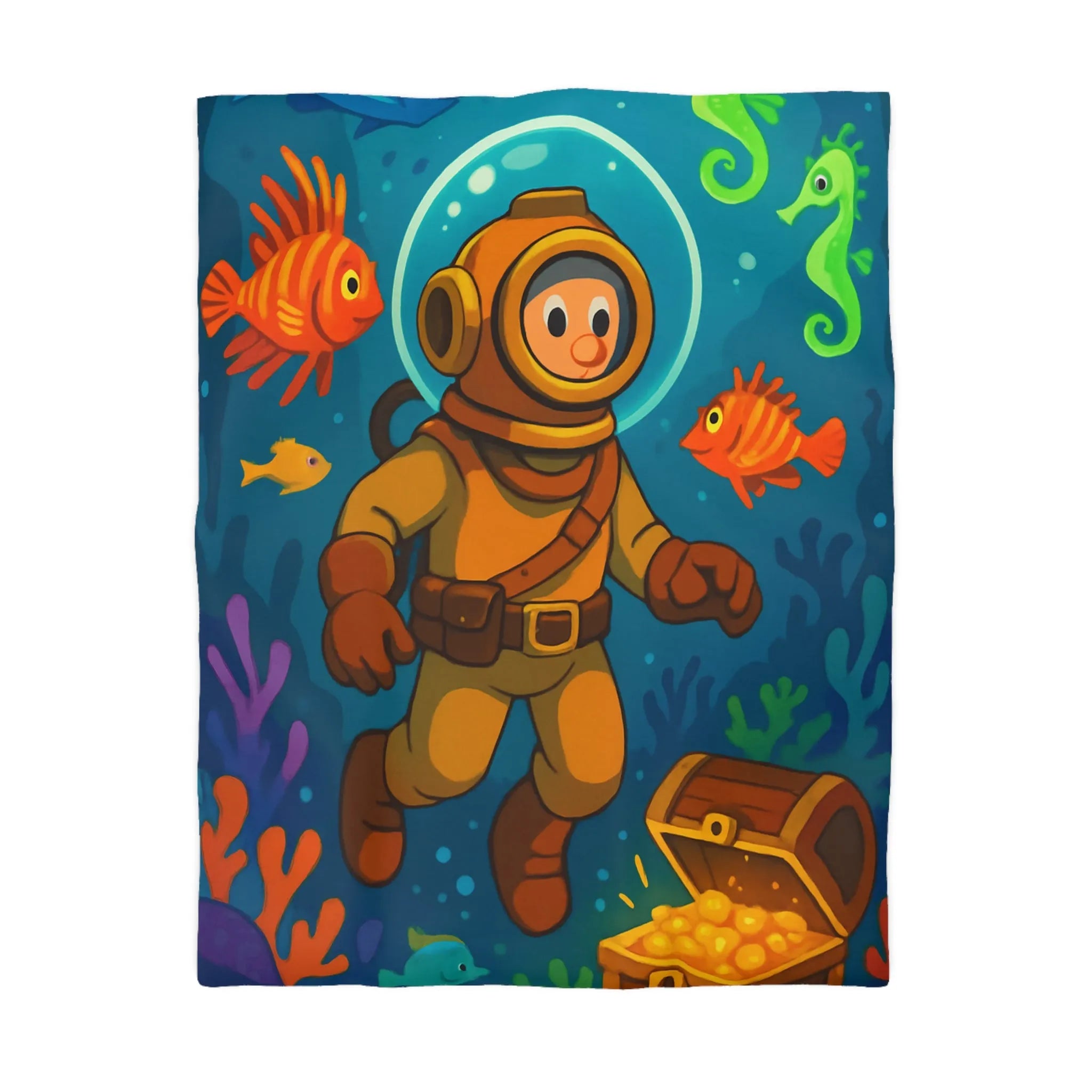 Housse de couette enfant aventure sous-marine avec plongeur et trésor coloré en dessin animé