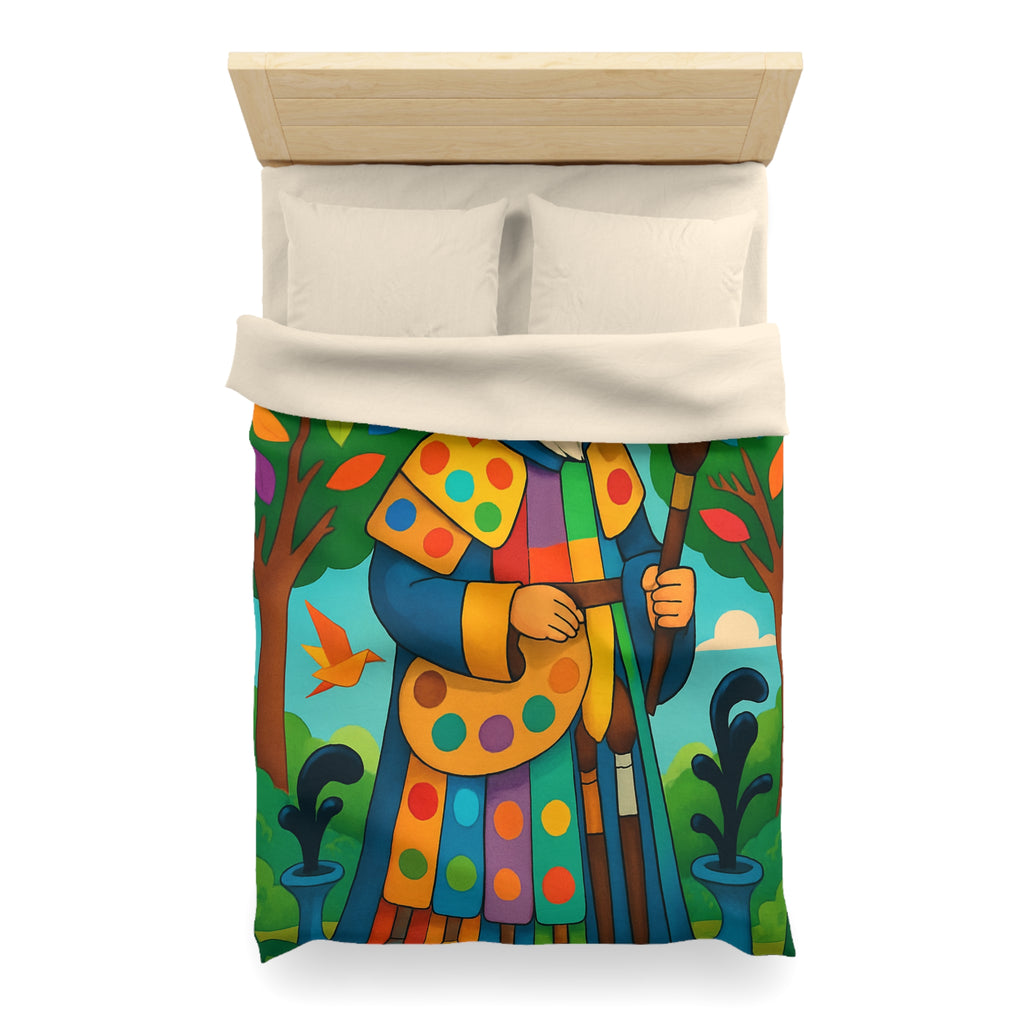 Housse de couette multicolore avec roi et oiseaux dans un jardin enchanteur