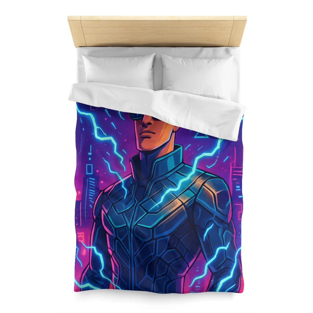 Housse de Couette Futuriste Cyberpunk avec Éclairs Électriques et Design Néon Énergétique
