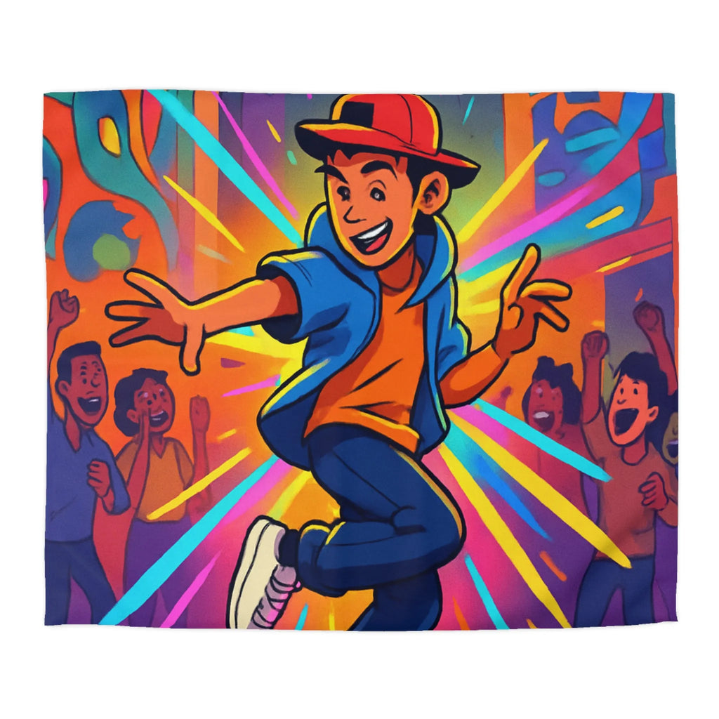 Housse couette street dance couleur vive, ambiance urbaine, dessin dynamique jeune garçon joyeux
