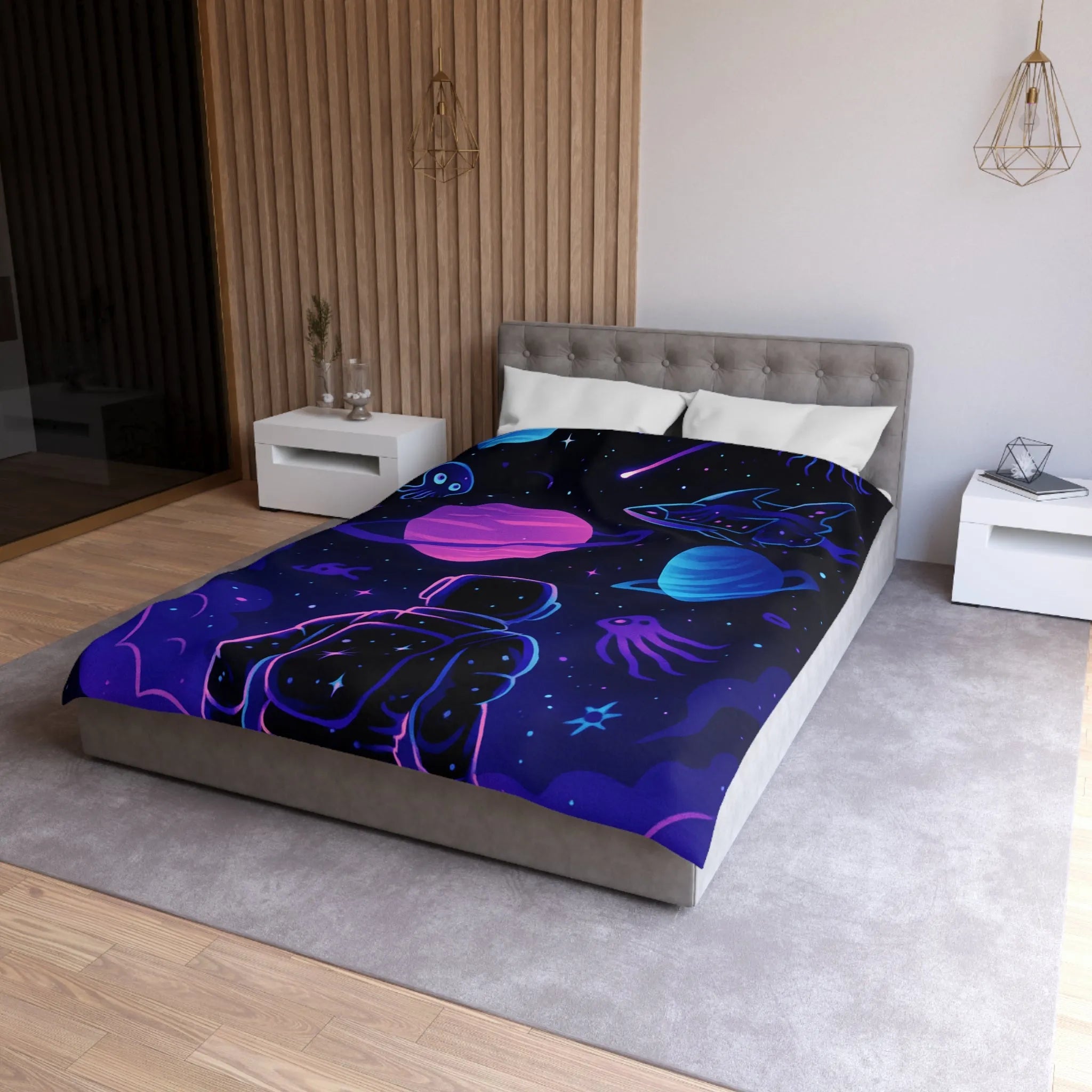 Housse de couette cosmique colorée avec astronaute, planètes et motifs galactiques rêveurs