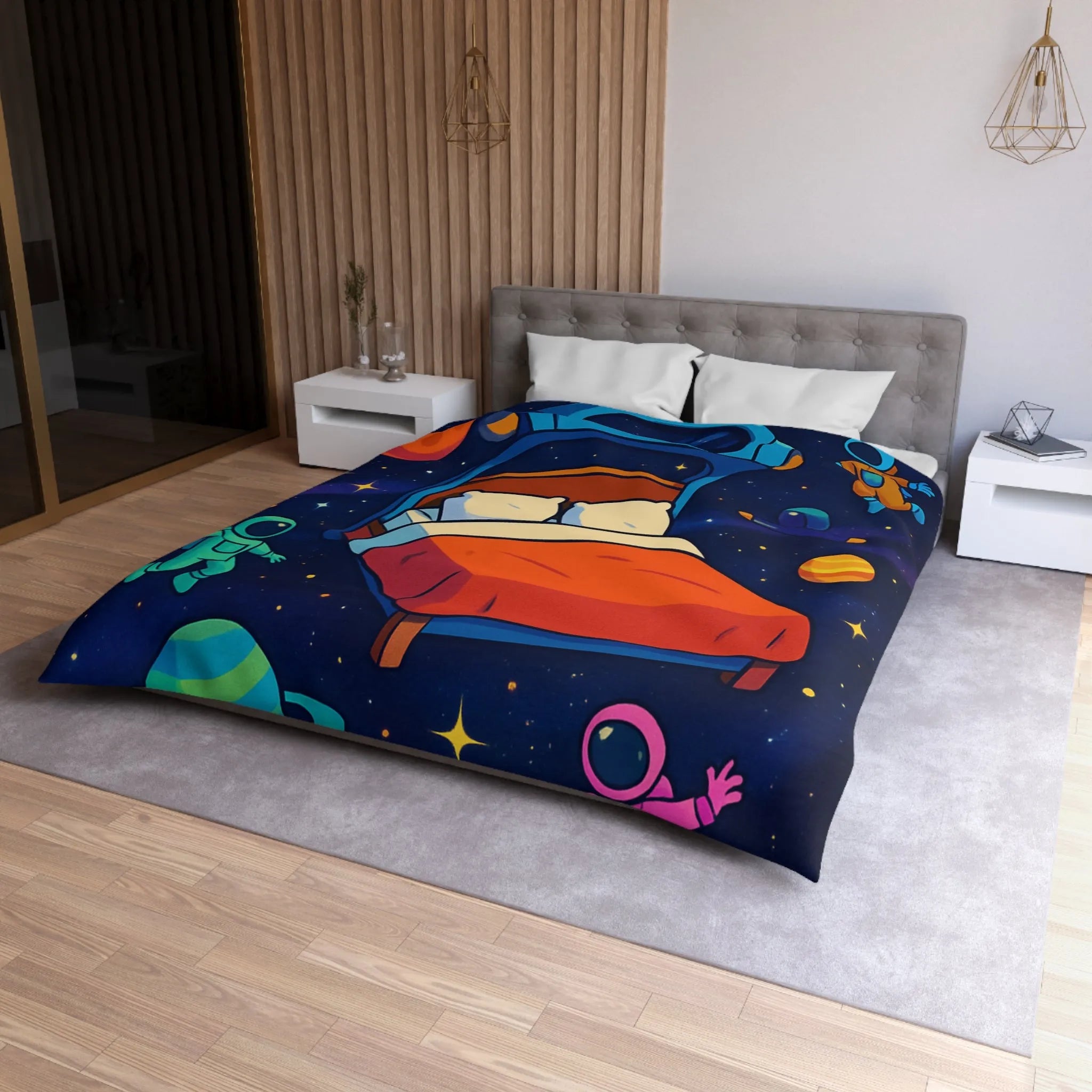 Housse de couette galaxies vibrantes avec astronautes flottants et planètes colorées pour enfants