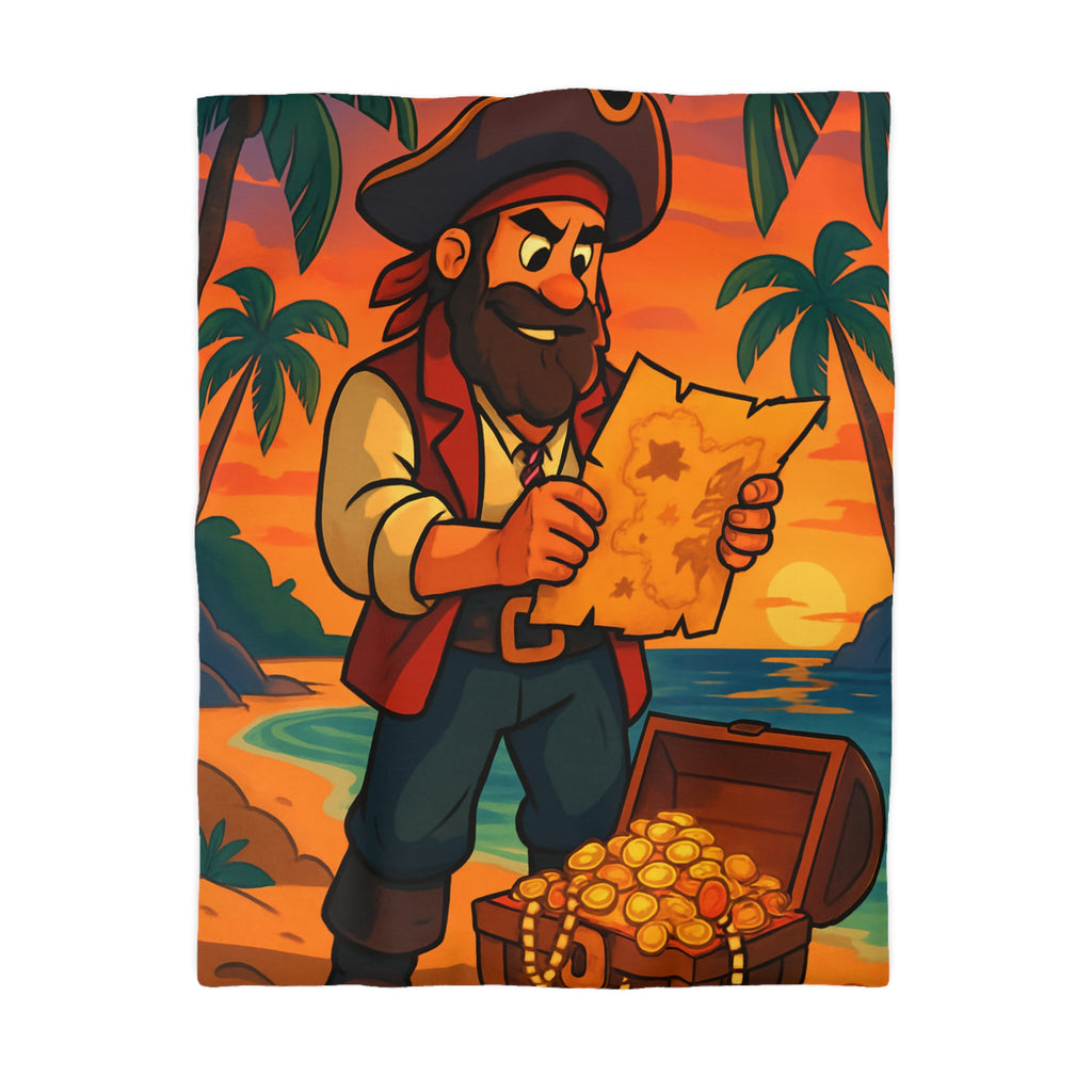 Housse de couette pirate avec coffre au trésor, carte ancienne et palmiers tropicaux