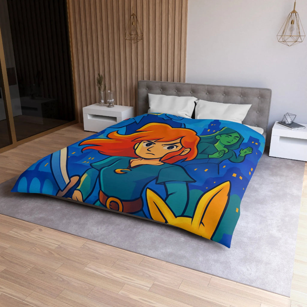 Housse de couette héroïque avec épée, ville nocturne et créatures fantastiques colorées