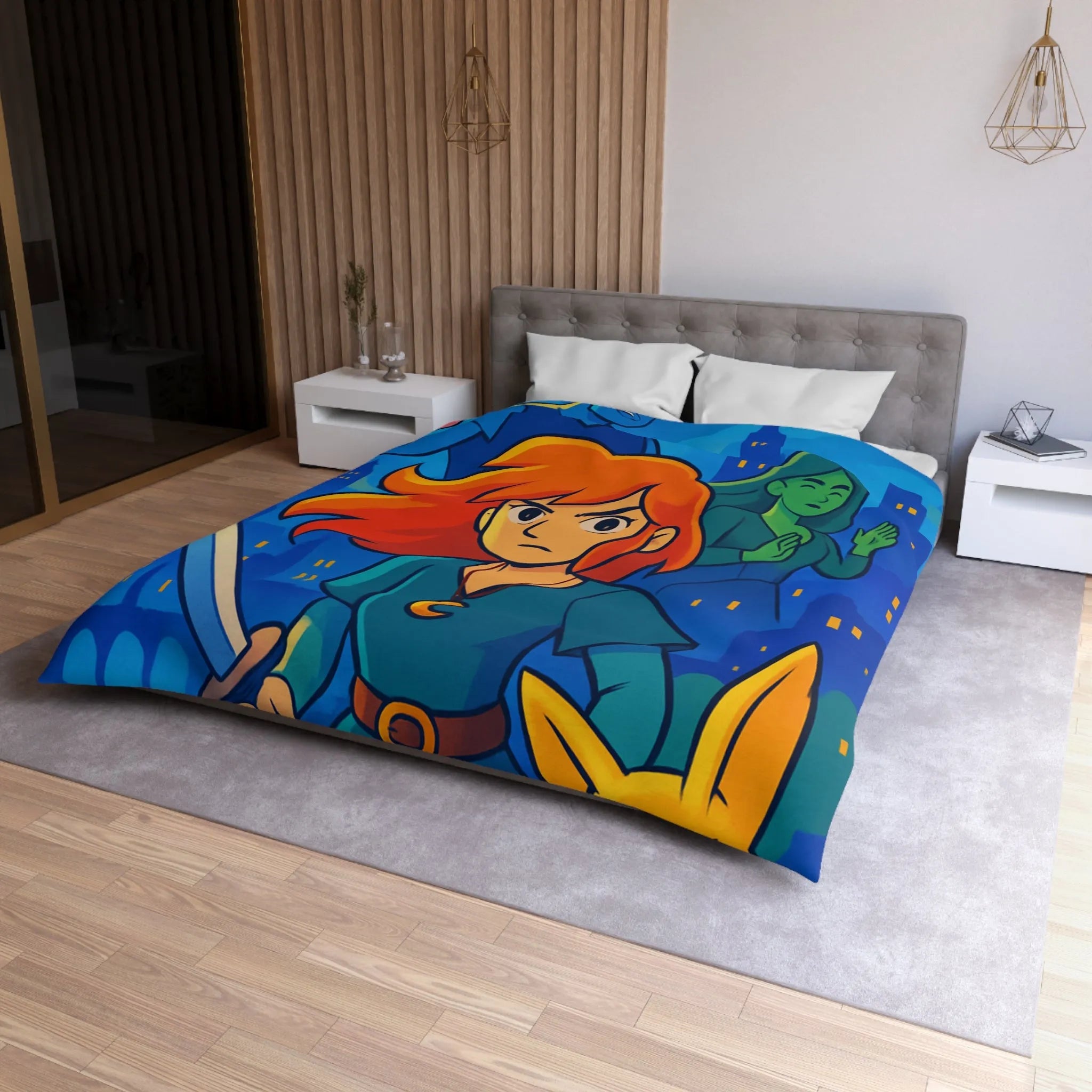 Housse de couette héroïque avec épée, ville nocturne et créatures fantastiques colorées