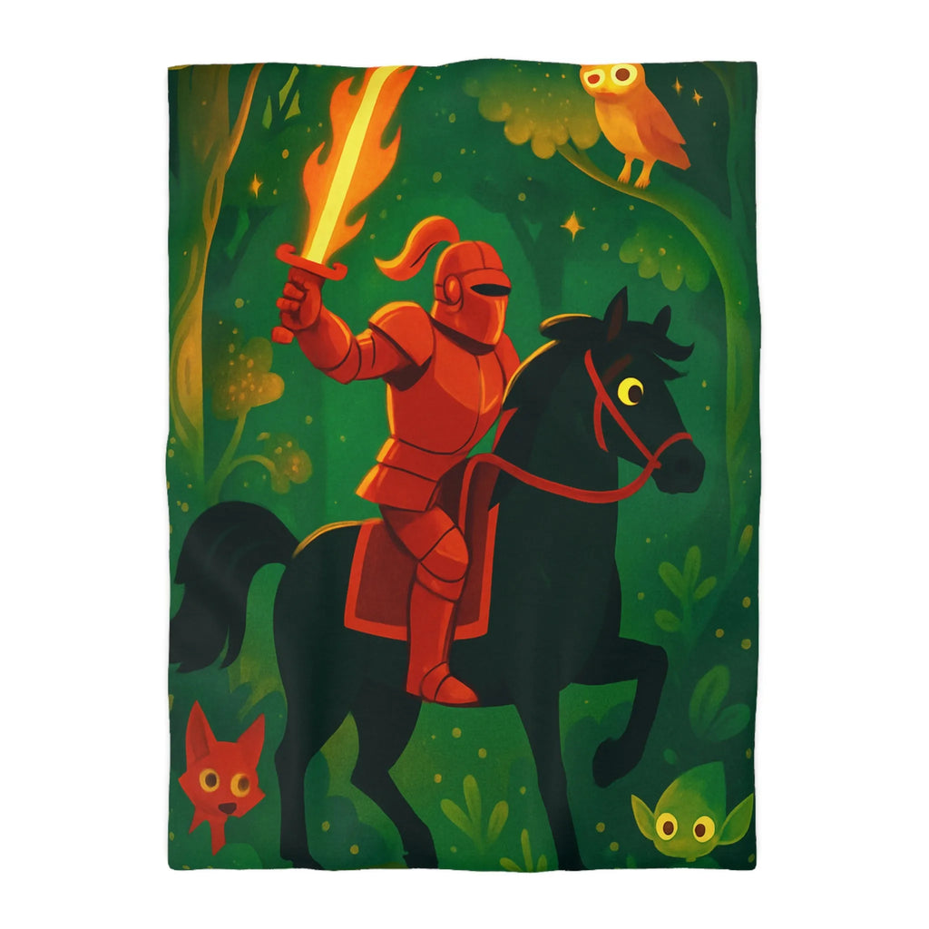Chevalier en Armure Rouge avec Épée Enflammée dans Forêt Enchantée avec Hibou Mystique