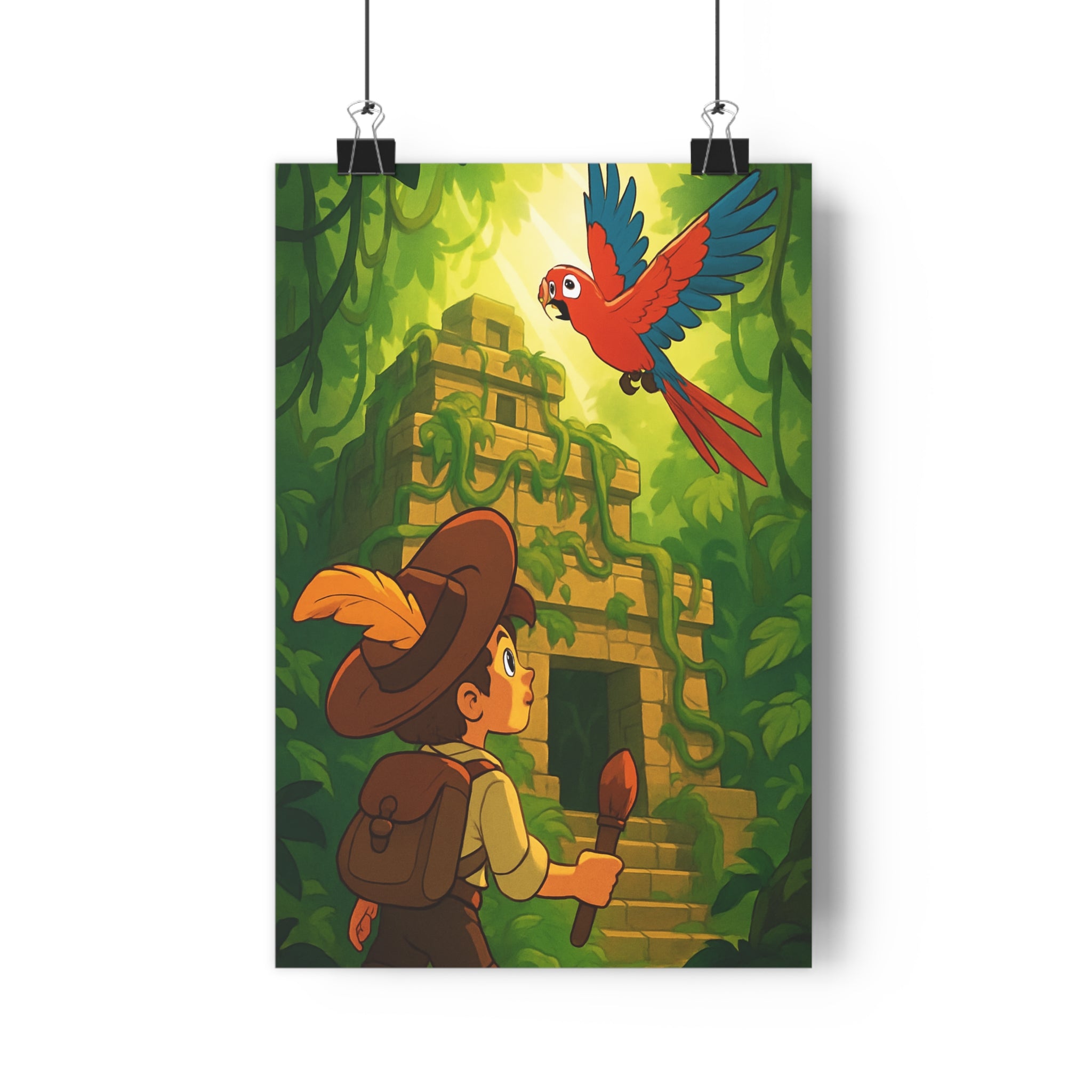 Poster décoratif aventure cartoon exotique vert rouge mystique enfant chambre explorateur jungle perroquet plume