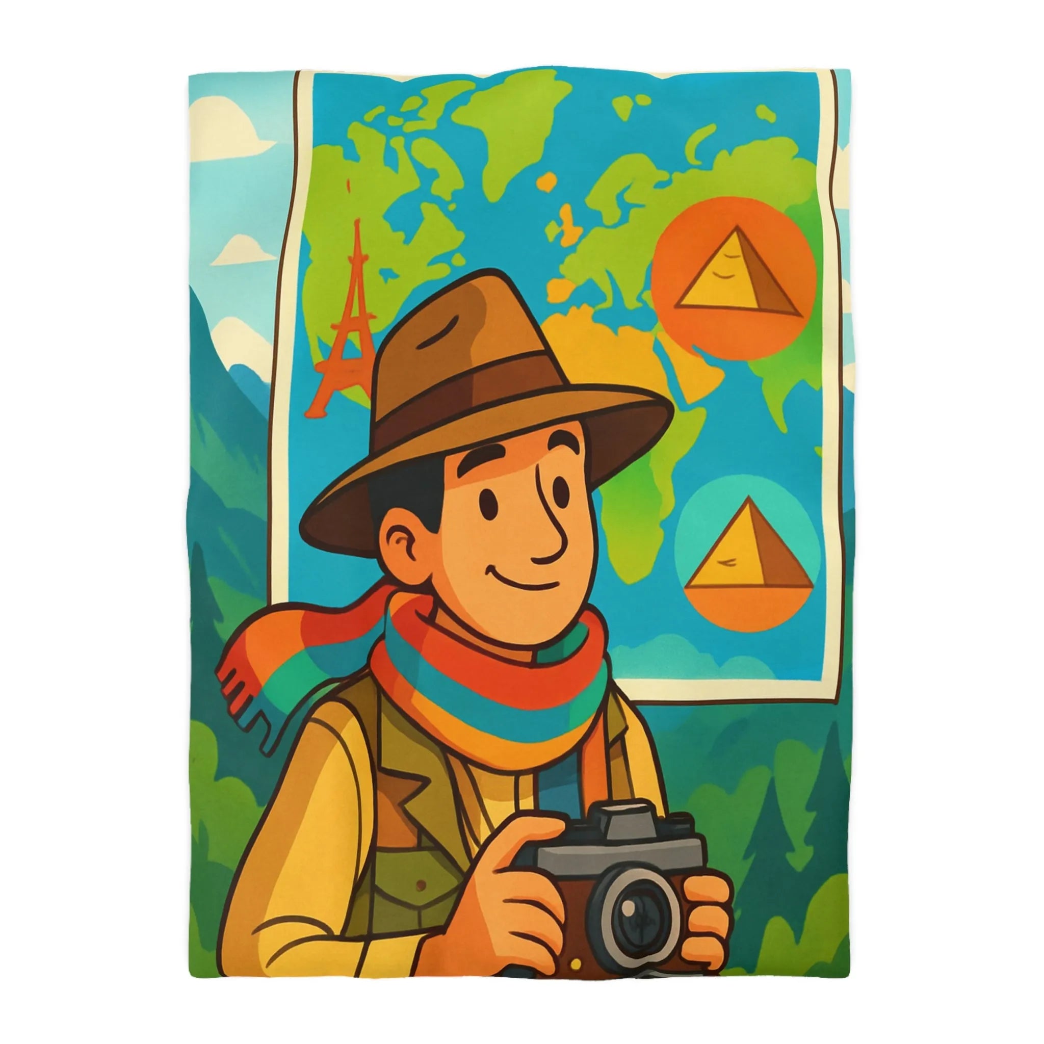 Housse de Couette Aventure Monde Carte Explorateur avec Illustrations Colorées et Éléments Culturels