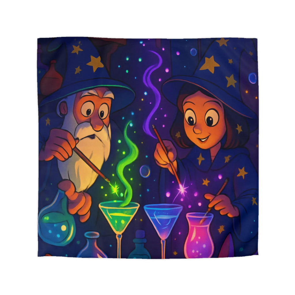 Housse de couette magique avec sorciers et potions dans un atelier enchanteur