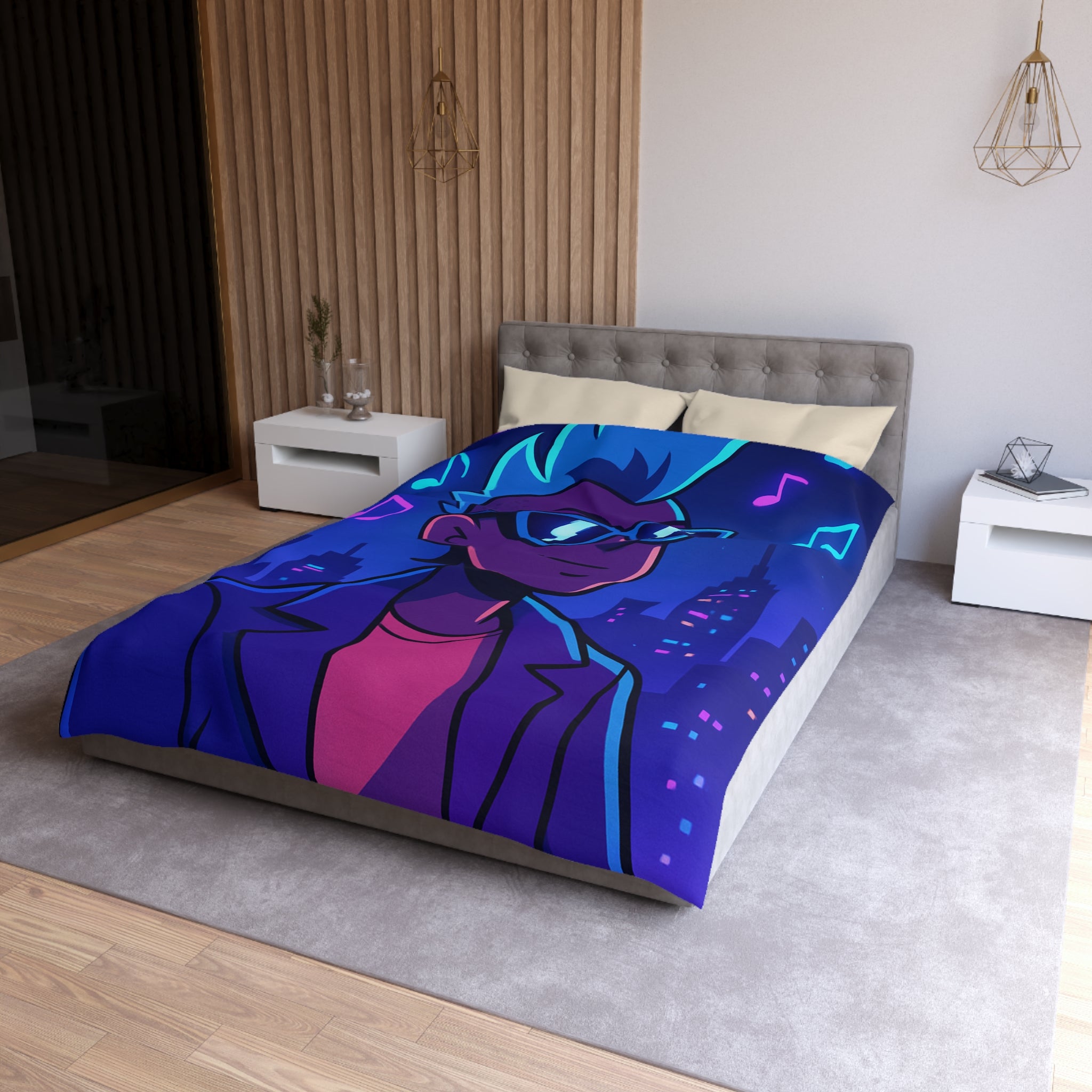 Housse de Couette Personnalisée avec Art de Ville Nocturne et Musicien Stylé Électrique