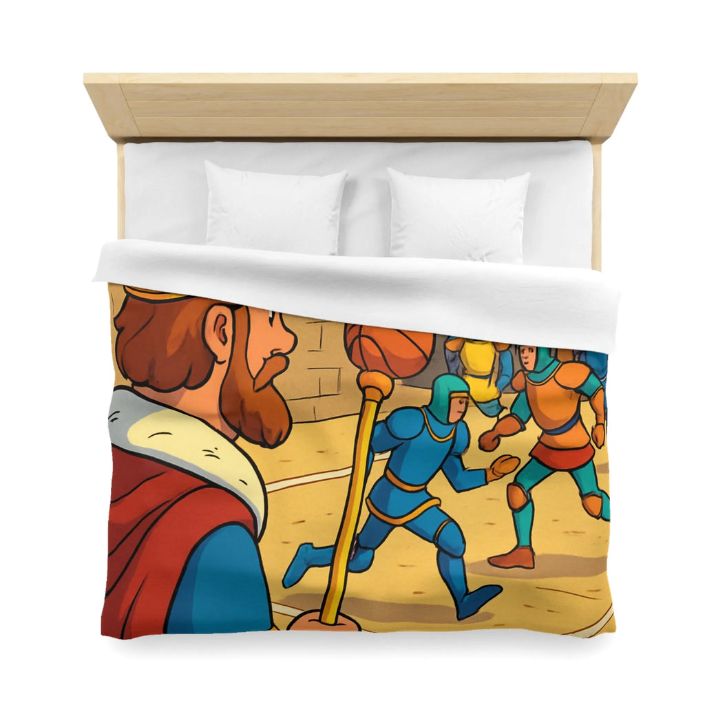 Housse de couette médiévale originale avec chevaliers jouant au basket dans un château