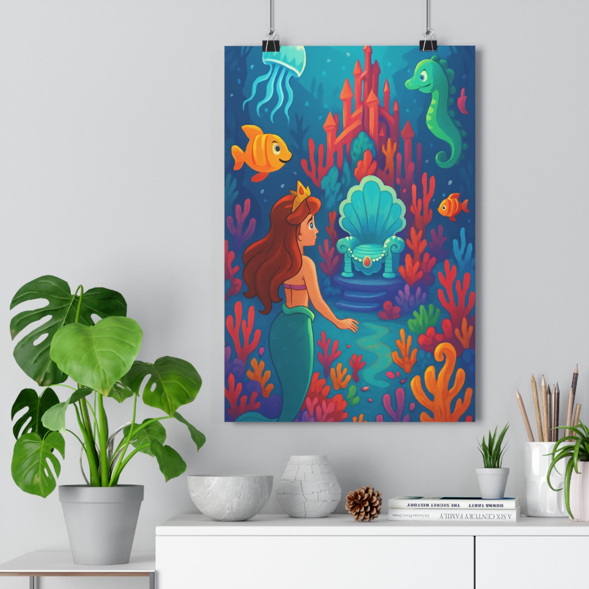 Poster décoratif sirène royaume sousmarin cartoon couleurs vives joyeux magique chambre enfant artistique coraux