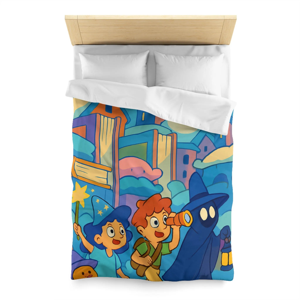 Housse de couette magique enfants avec illustration de sorcier, château et ciel étoilé