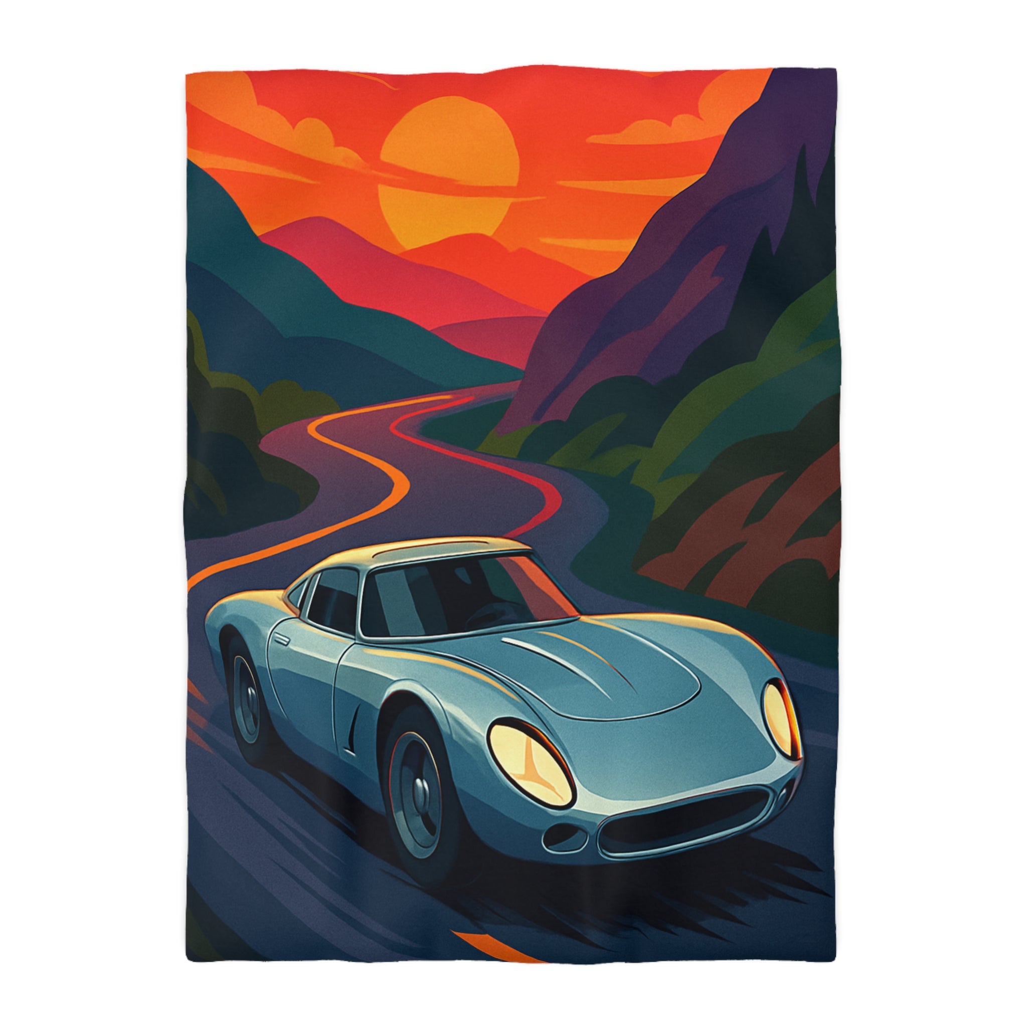 Housse de couette voiture sportive vintage sur route sinueuse au coucher de soleil vibrant
