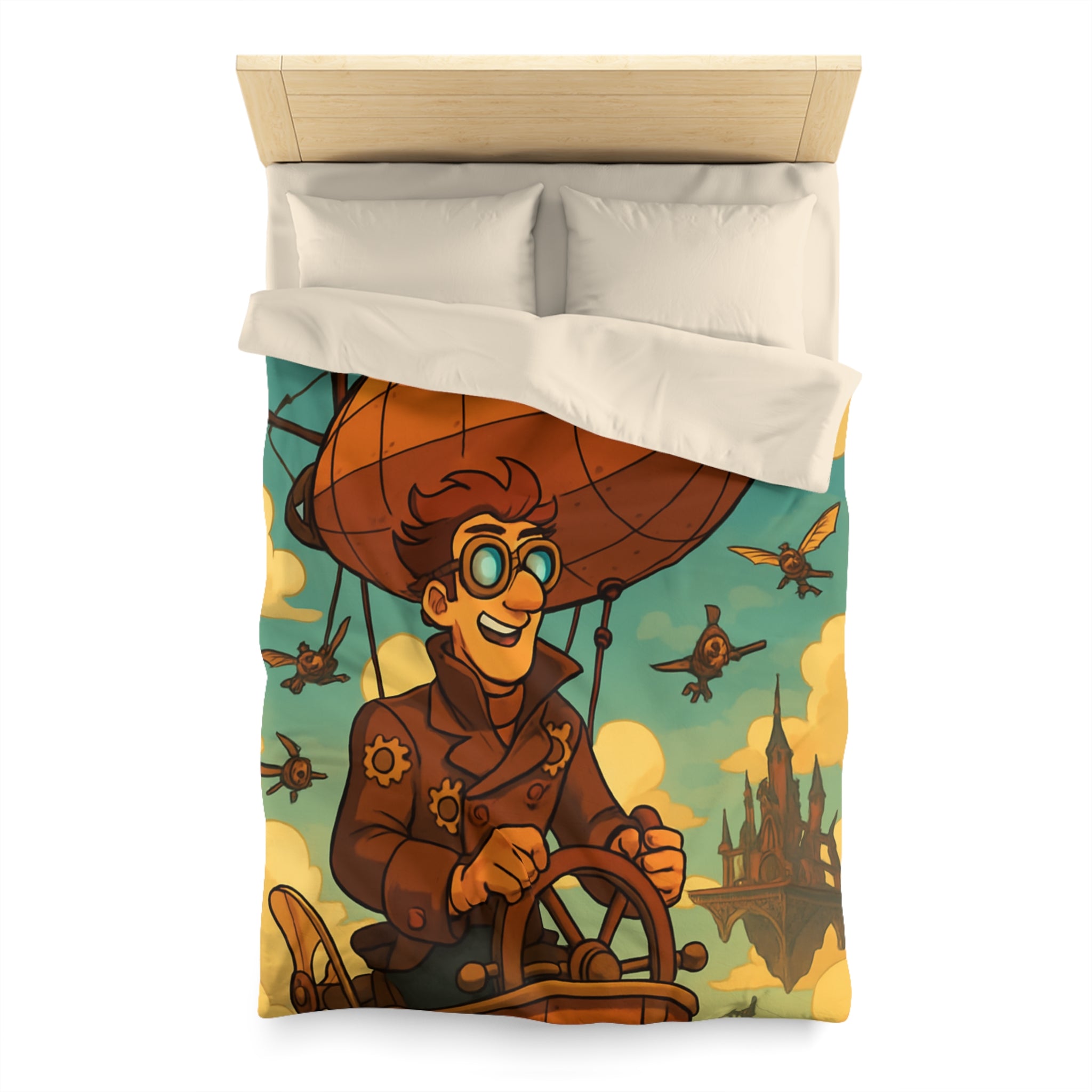 Housse de Couette Steampunk avec Ballon Dirigeable et Cité Volante dans le Ciel