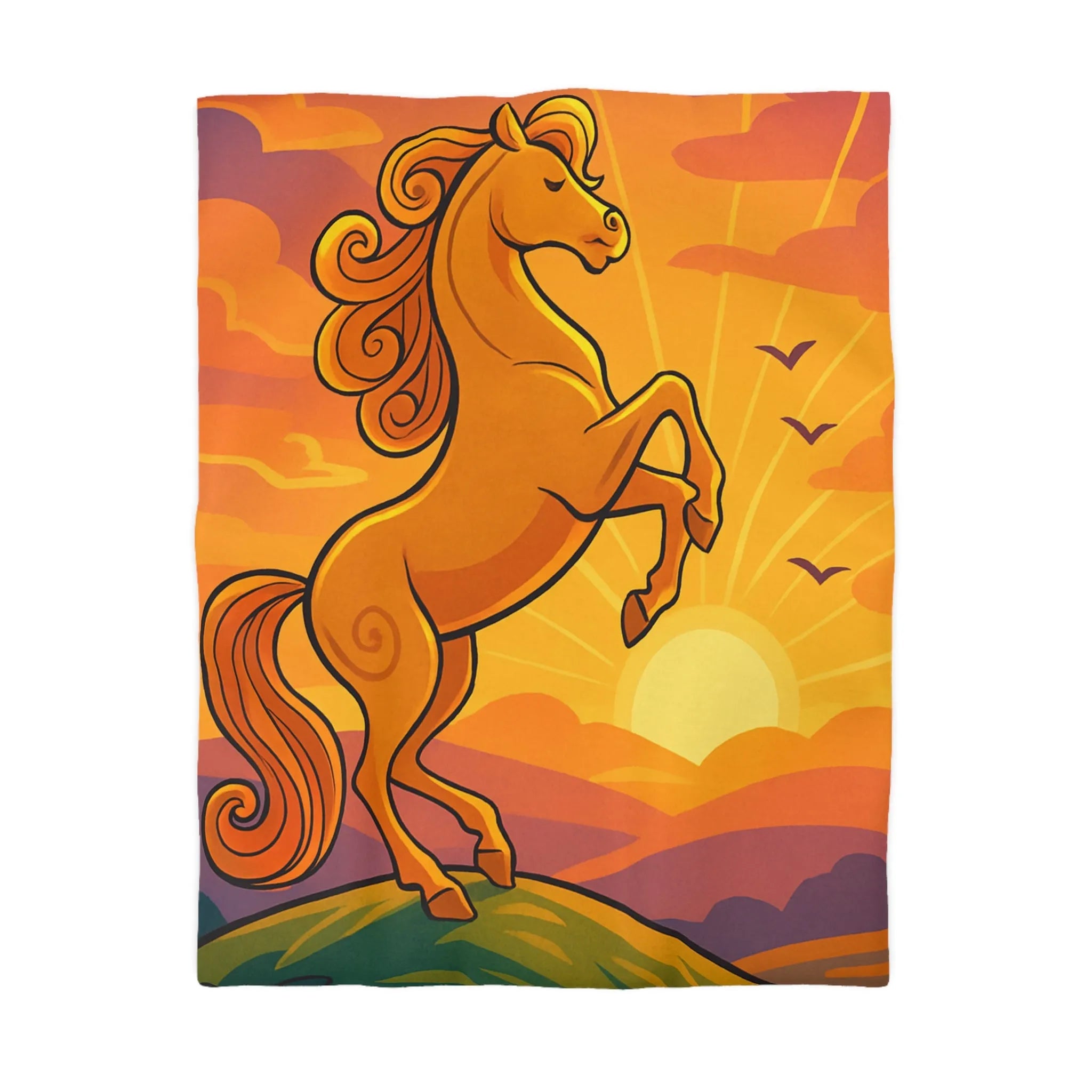 Housse de Couette Équestre Colorée : Cheval Cabré au Coucher de Soleil Artistique