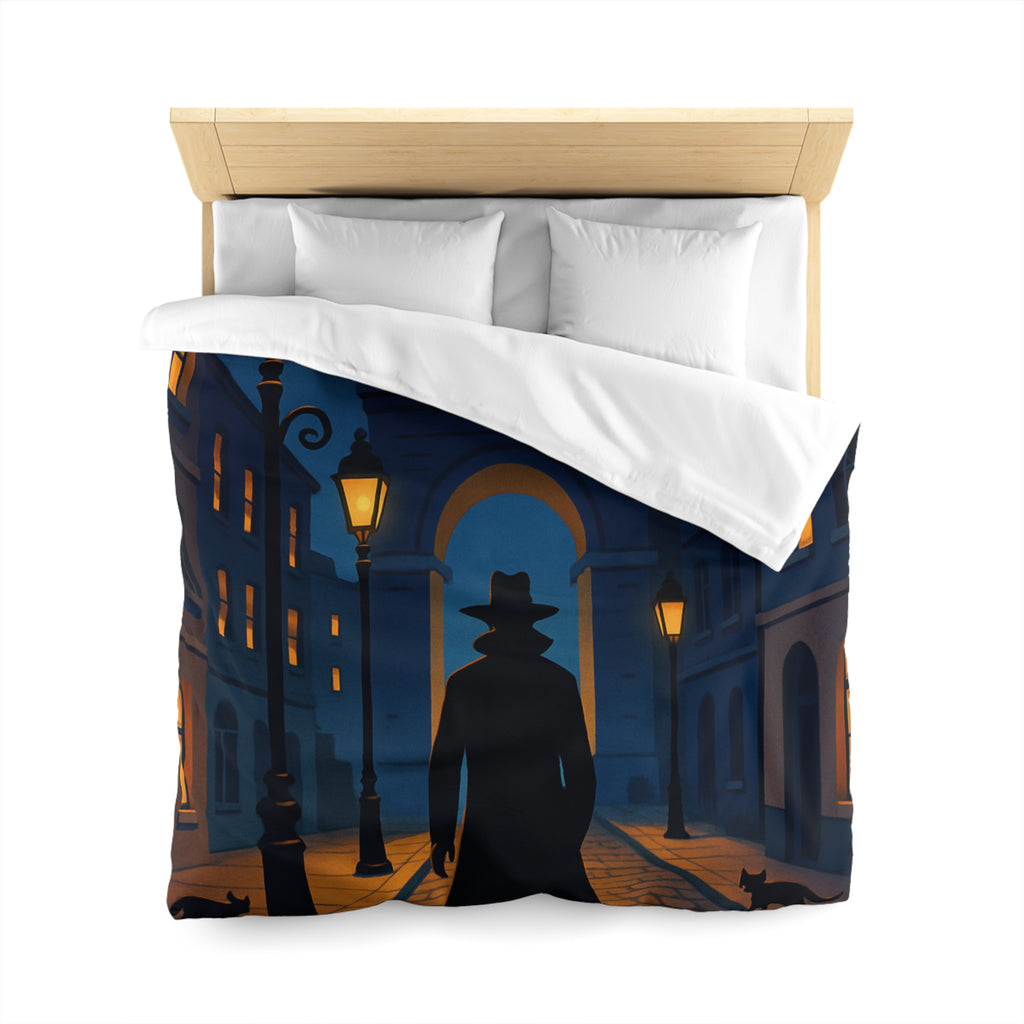 Housse de couette noire mystérieuse, silhouette d'homme avec chats et lampadaires nocturnes