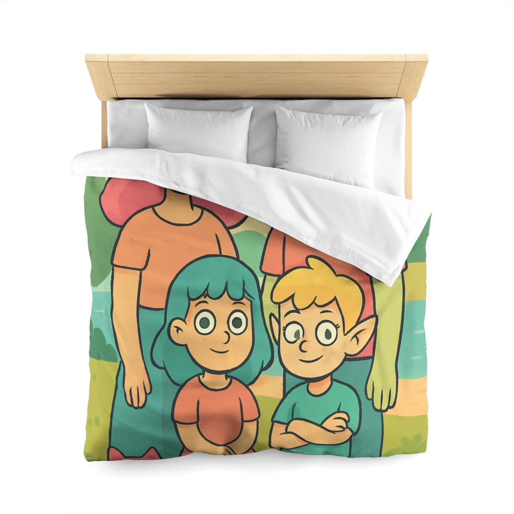 Housse de couette chaleureuse illustrant une famille enchantée et ses animaux compagnons ludiques