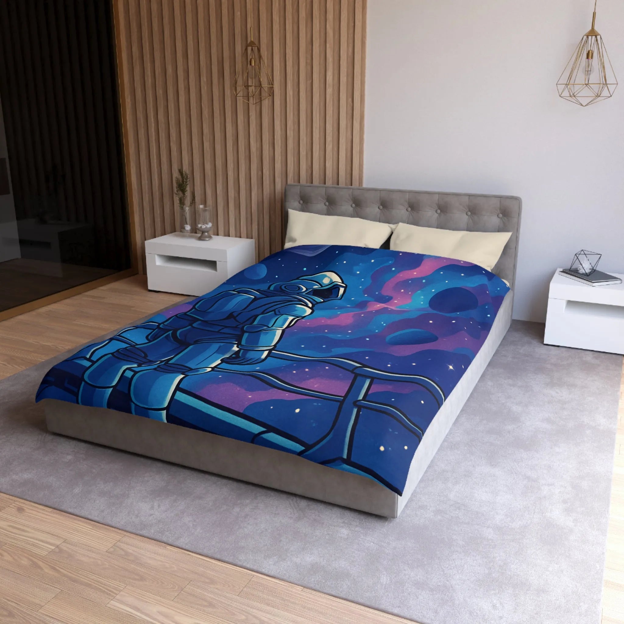 Housse de couette design astronaute contemplant galaxies et planètes dans l'espace infini