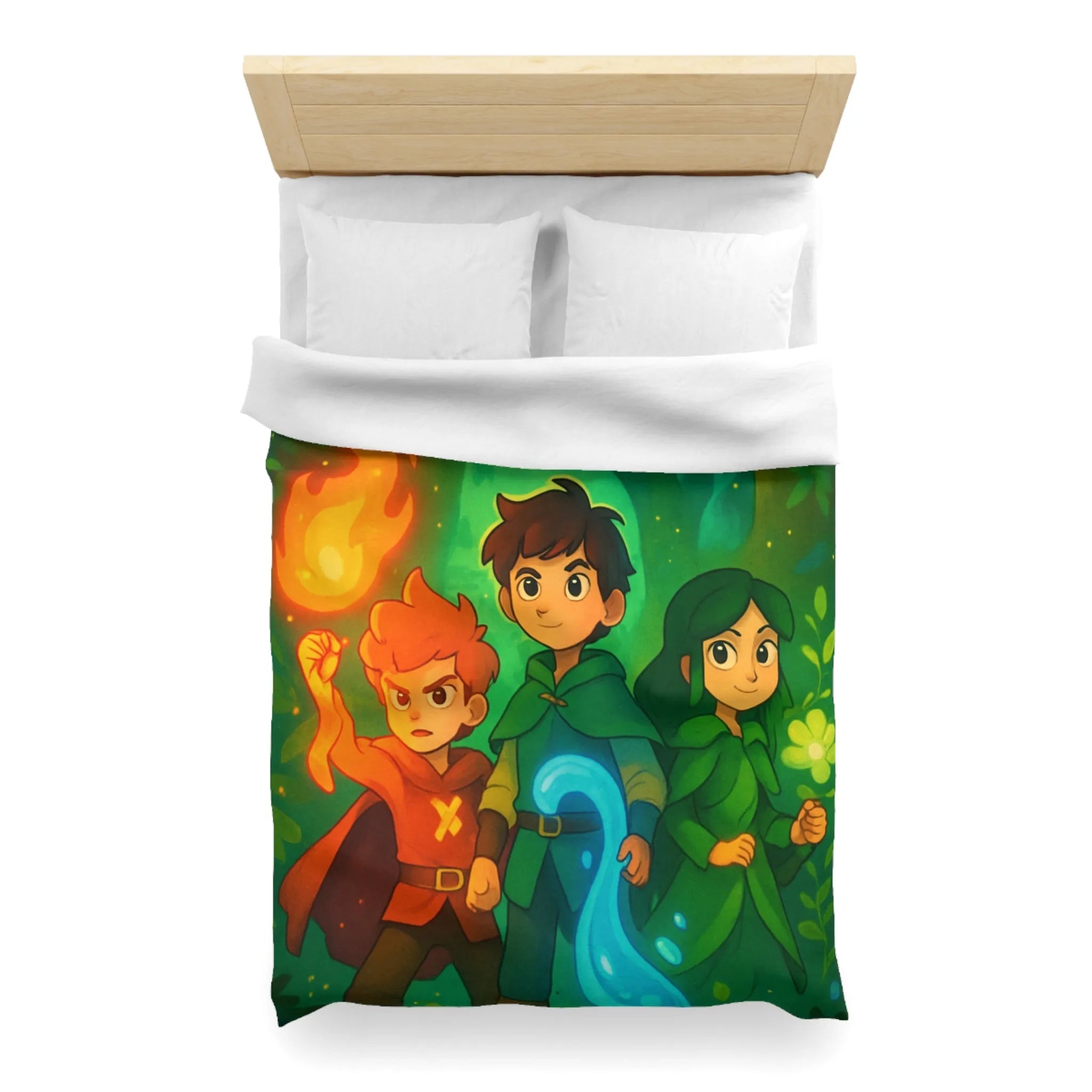 Housse de couette enchantée avec personnages magiques dans une forêt lumineuse et colorée