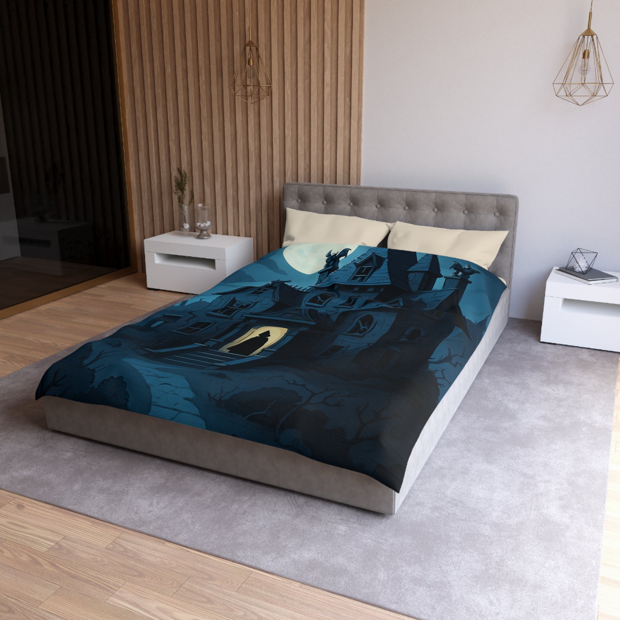 Housse de couette mystérieuse avec manoir gothique sous la pleine lune effrayante