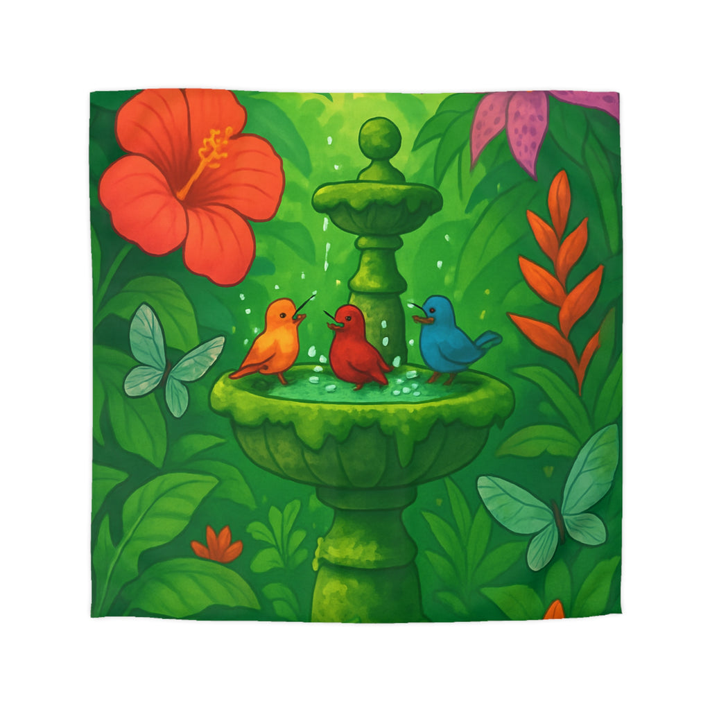 Housse de couette tropicale vibrante : oiseaux et fleurs exotiques dans un jardin luxuriant