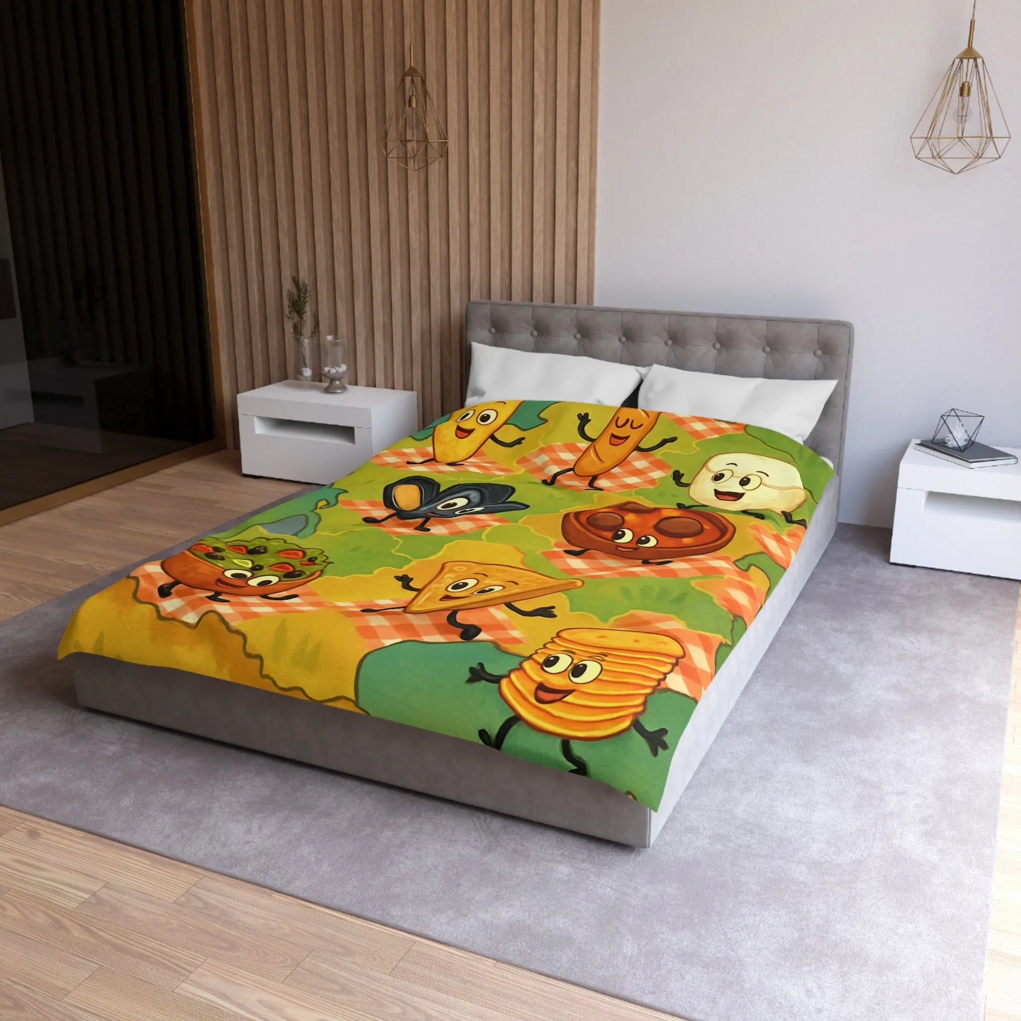 Housse de couette colorée avec motif ludique de spécialités culinaires françaises