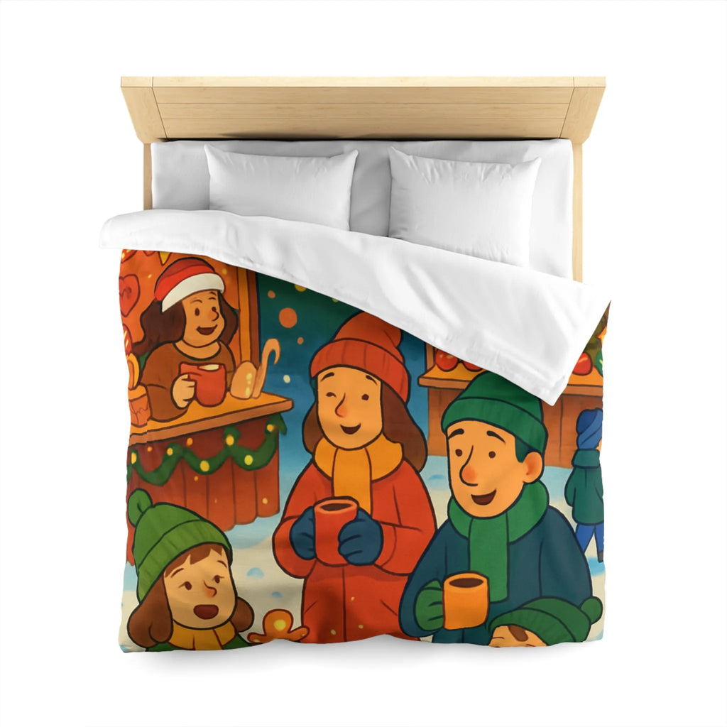 Housse de couette chaleureuse illustrant une scène festive de marché de Noël joyeux