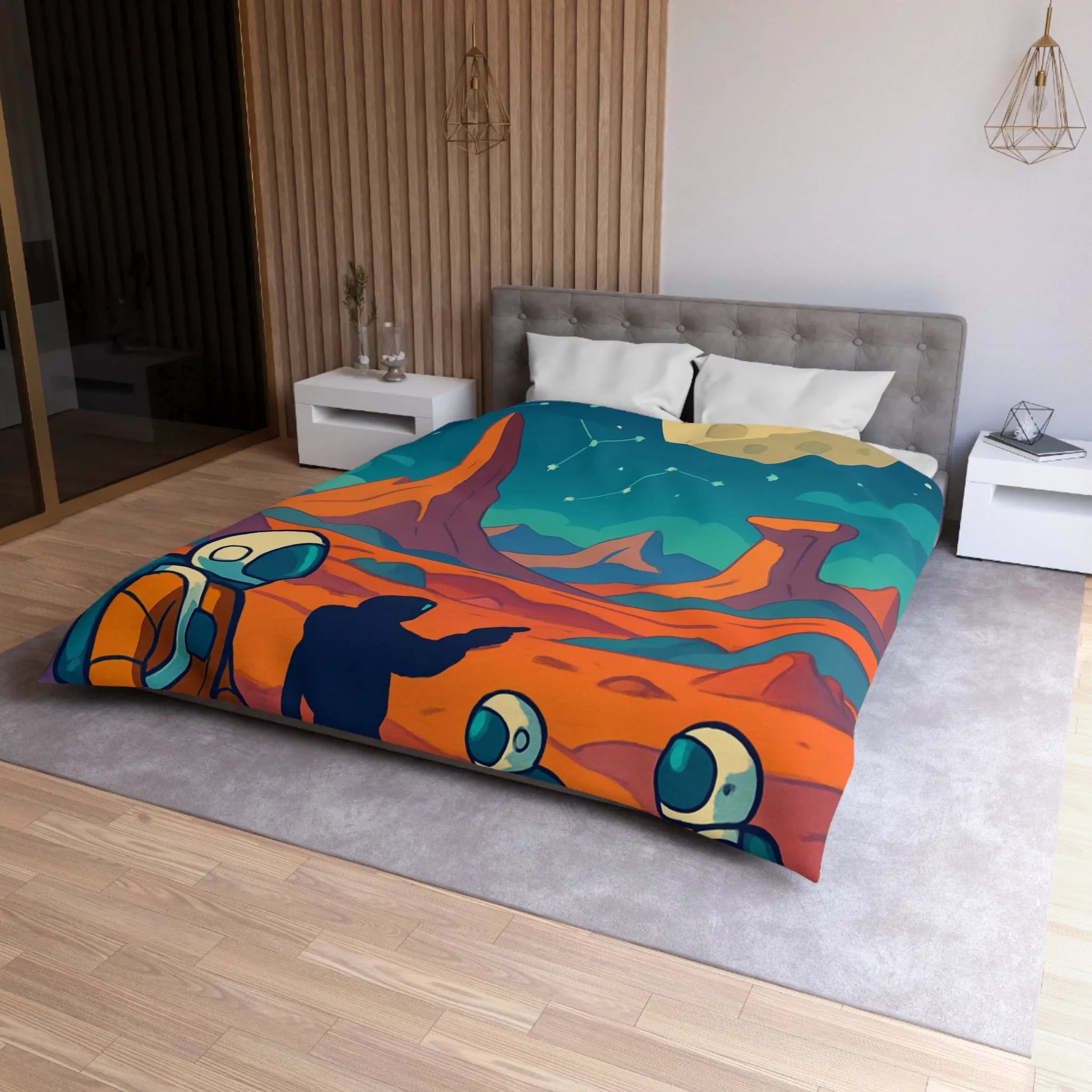 Exploration spatiale colorée : Astronautes sous la lune et constellations étoilées