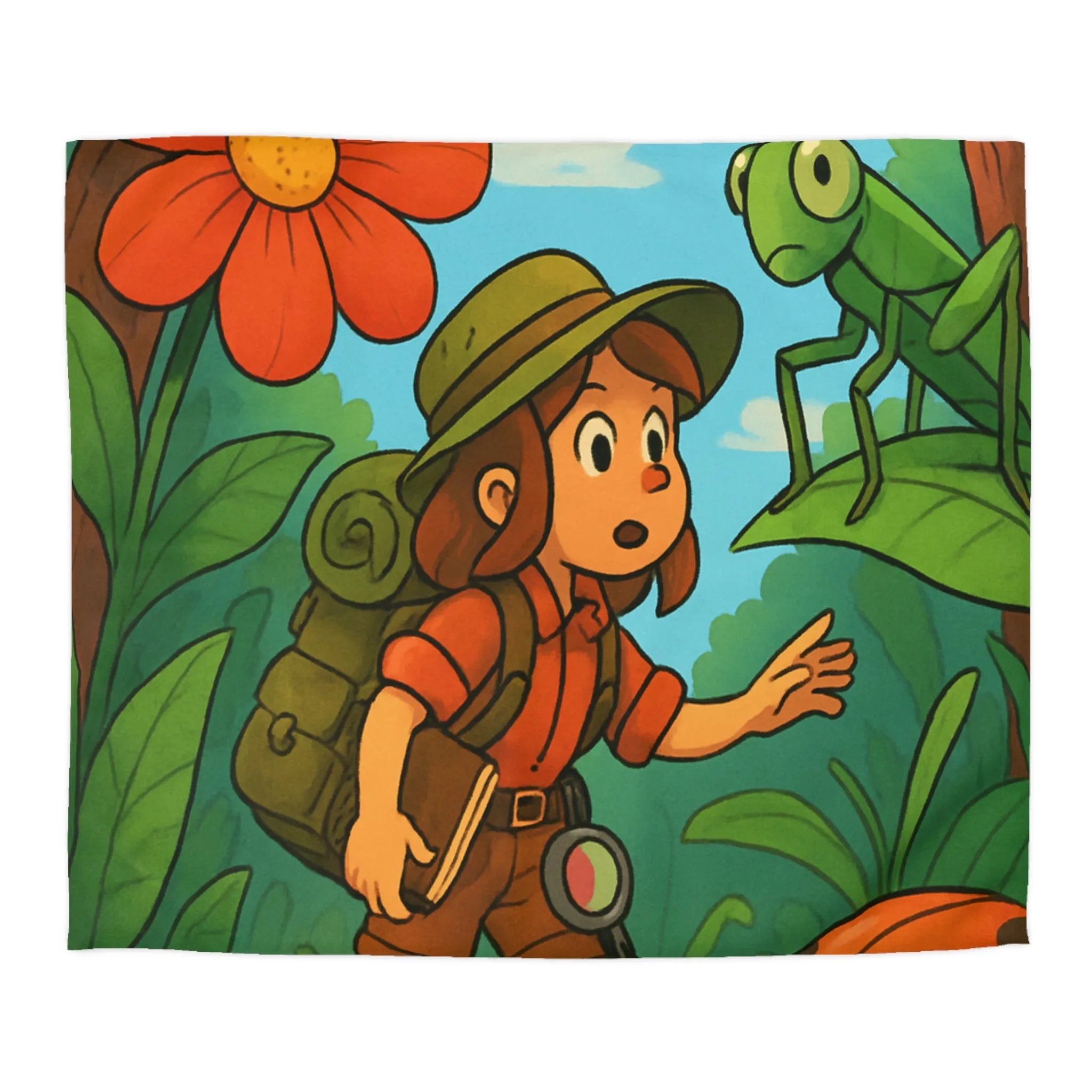 Housse de Couette Enfant Nature avec Exploratrice et Insectes Géants pour Aventure Ludiquement Colorée